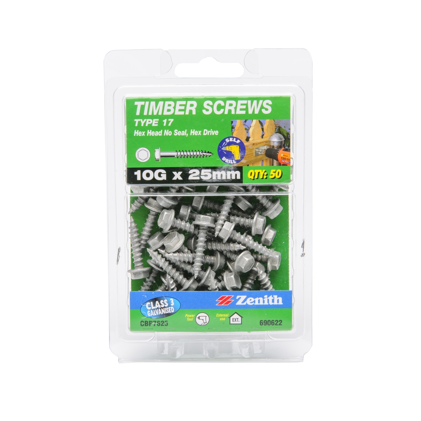 Zenith 10G x 25mm Galvanised Type 17 Hex Head Timber Screws - 50 Pack