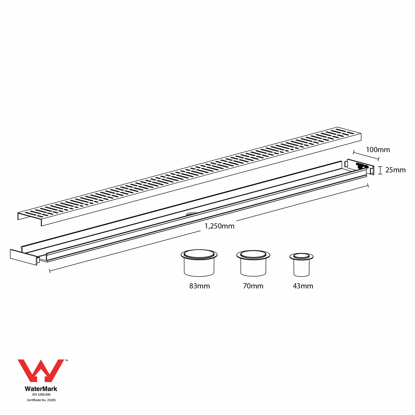 Grates 2 Go 1250mm Grey Flow Pattern Shower Grate Modular Kit