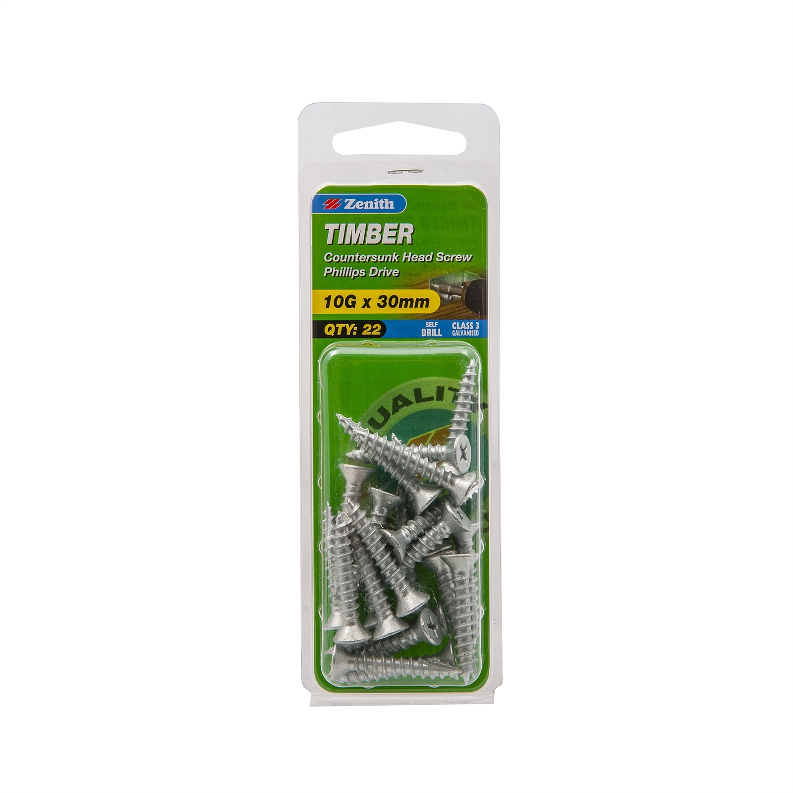 Zenith 10G x 30mm Galvanised Countersunk Head Timber Screws - 22 Pack