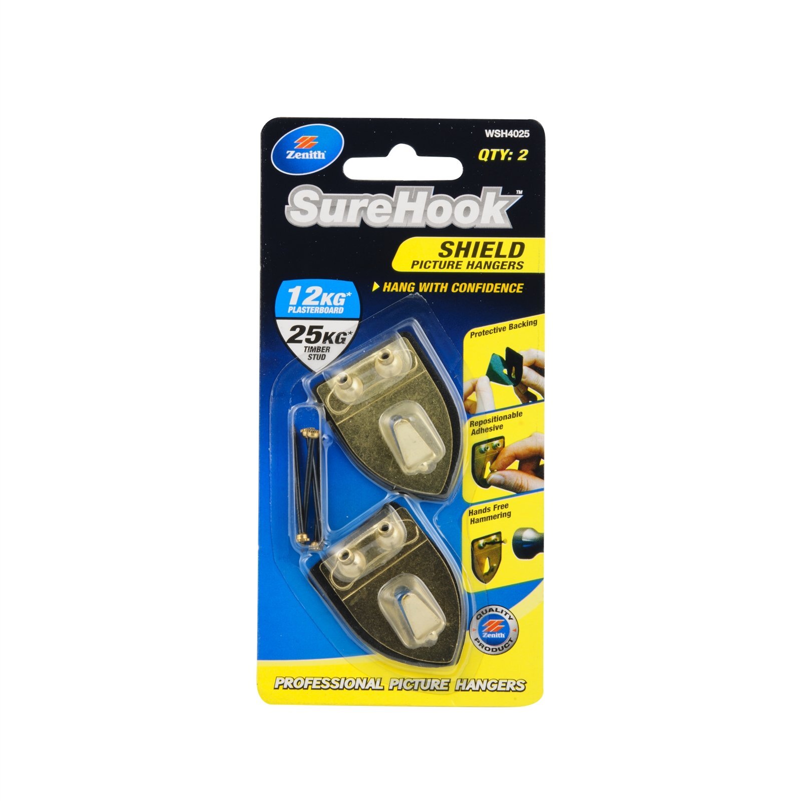 Zenith 12 / 25kg Brass Plated SureHook Shield Picture Hanger - 2 Pack