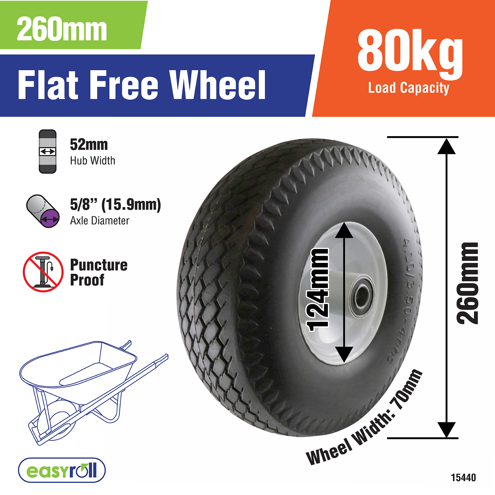 Easyroll 3.5 x 4" Flat Free Puncture Proof Trolley Wheel With 5/8" Axle Diameter