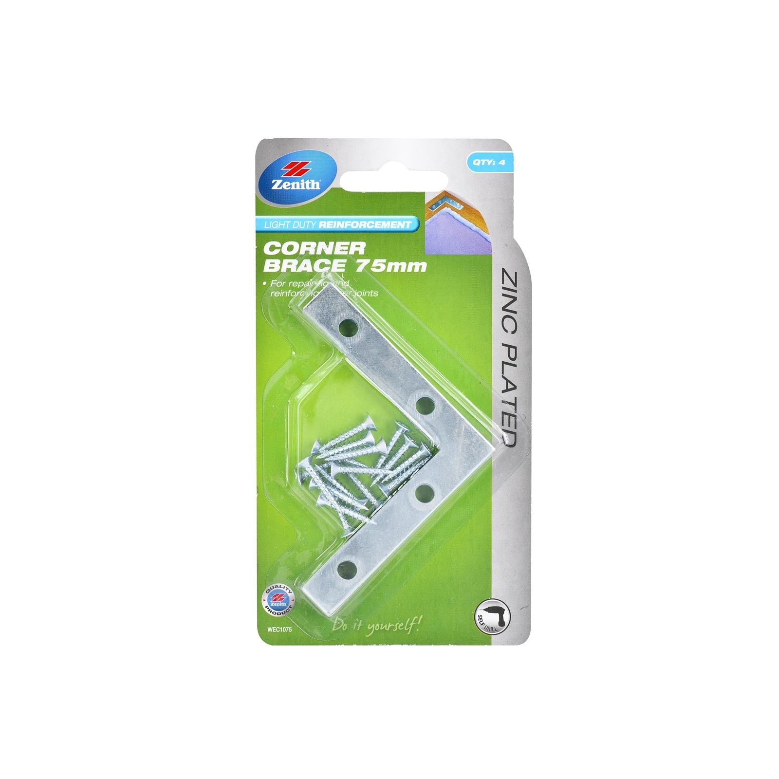Zenith 75mm Zinc Plated Corner Brace Bracket - 4 Pack