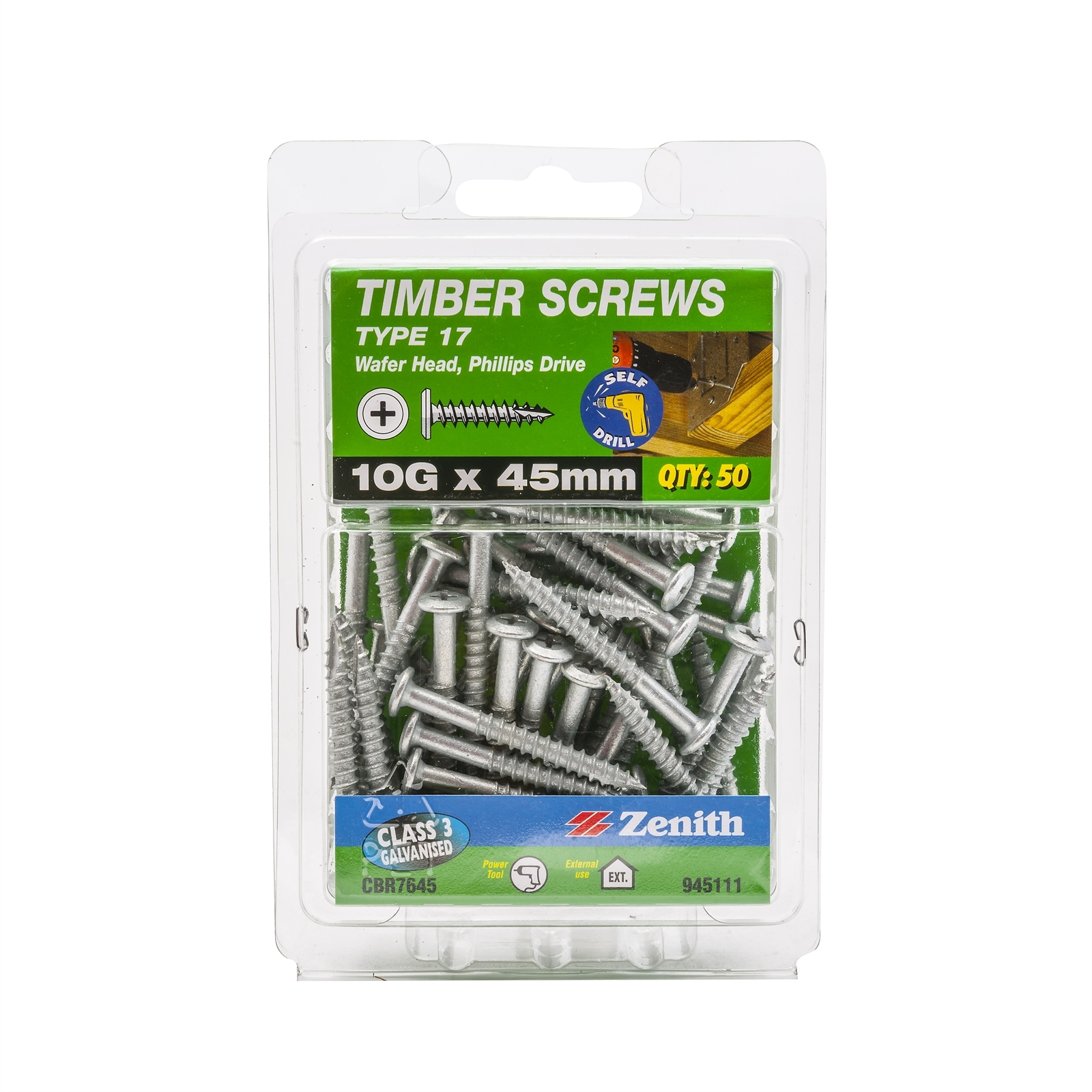 Zenith 10G x 45mm Galvanised Type 17 Wafer Head Timber Screws - 50 Pack