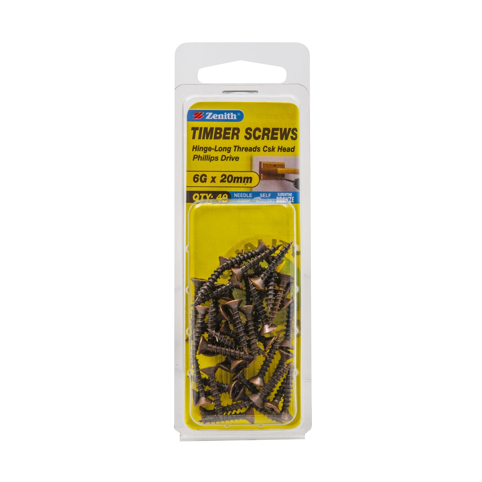 Zenith 6G x 20mm Florentine Bronze Hinge-Long Threads Countersunk Head Timber Screws - 40 Pack