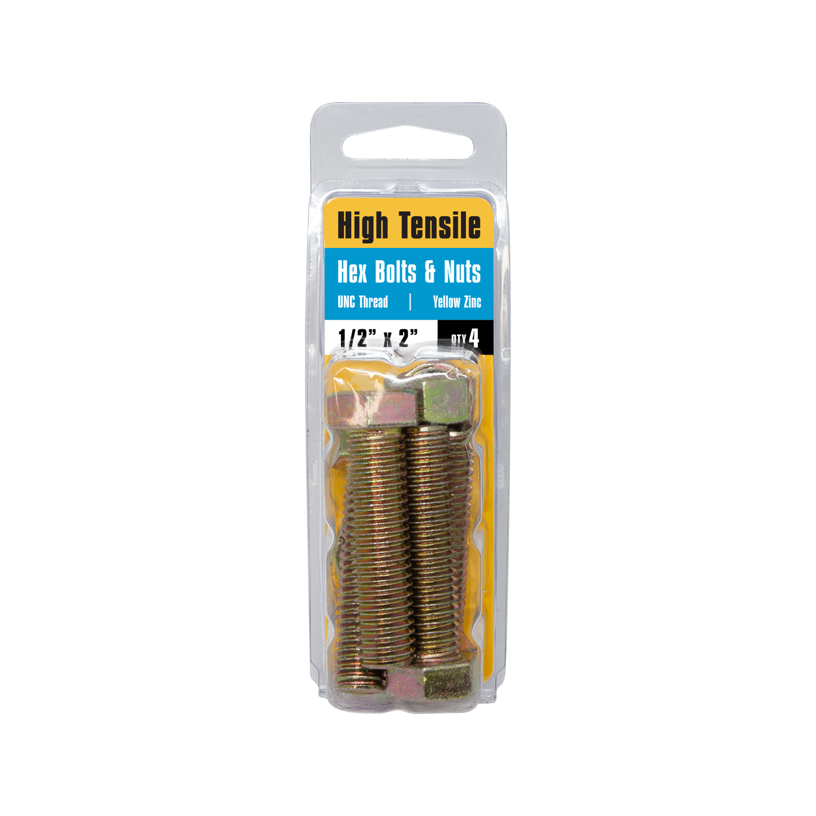 Pinnacle 1/2 x 2" Yellow Zinc Hi Tensile Hex Bolt And Nut - 6 Pack