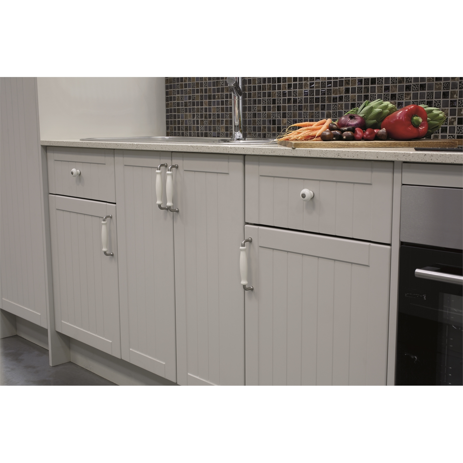 Prestige 128mm Brushed Nickel White Ceramic Handle - Card of 4