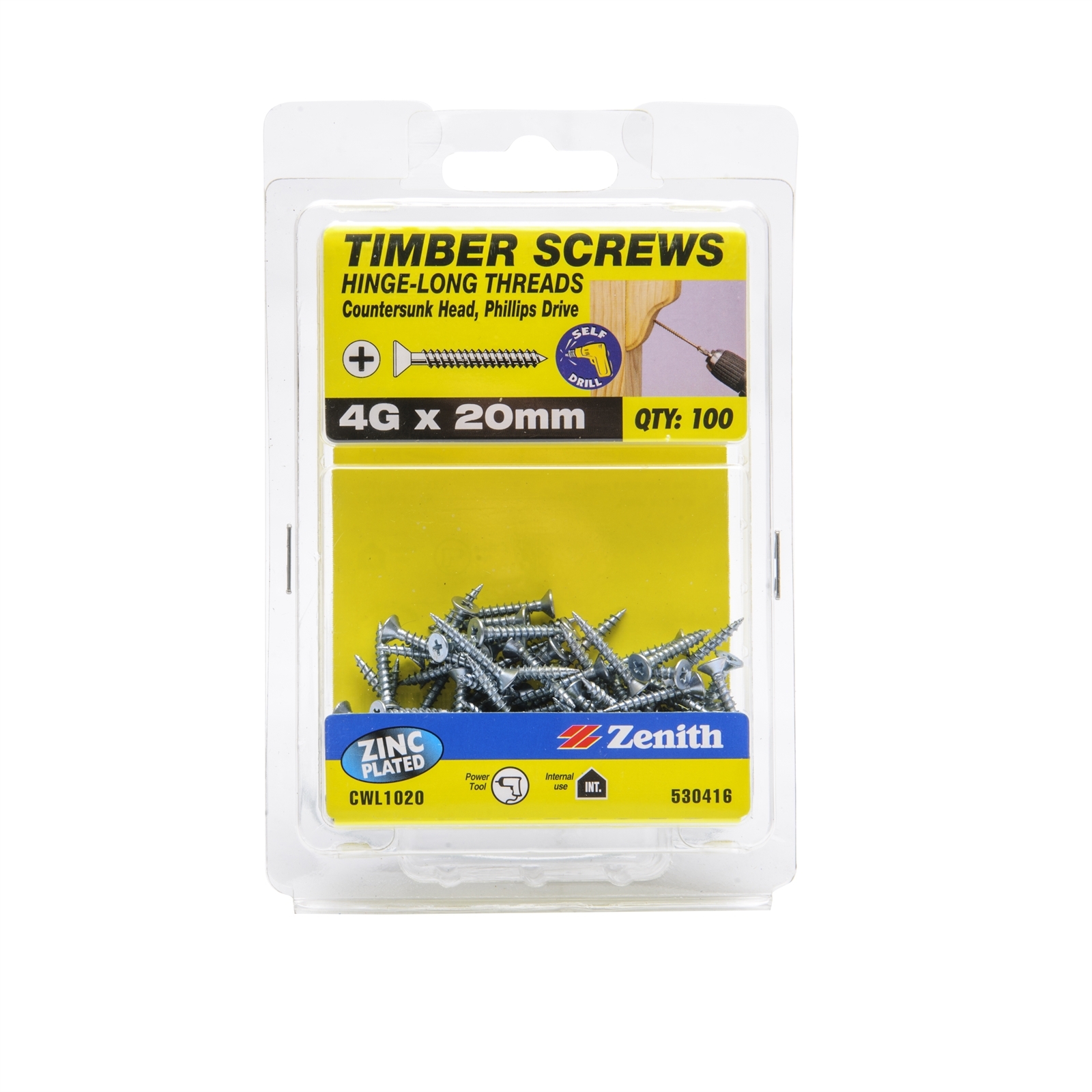 Zenith 4G x 20mm Zinc Plated Hinge-Long Thread Countersunk Head Timber Screws - 100 Pack