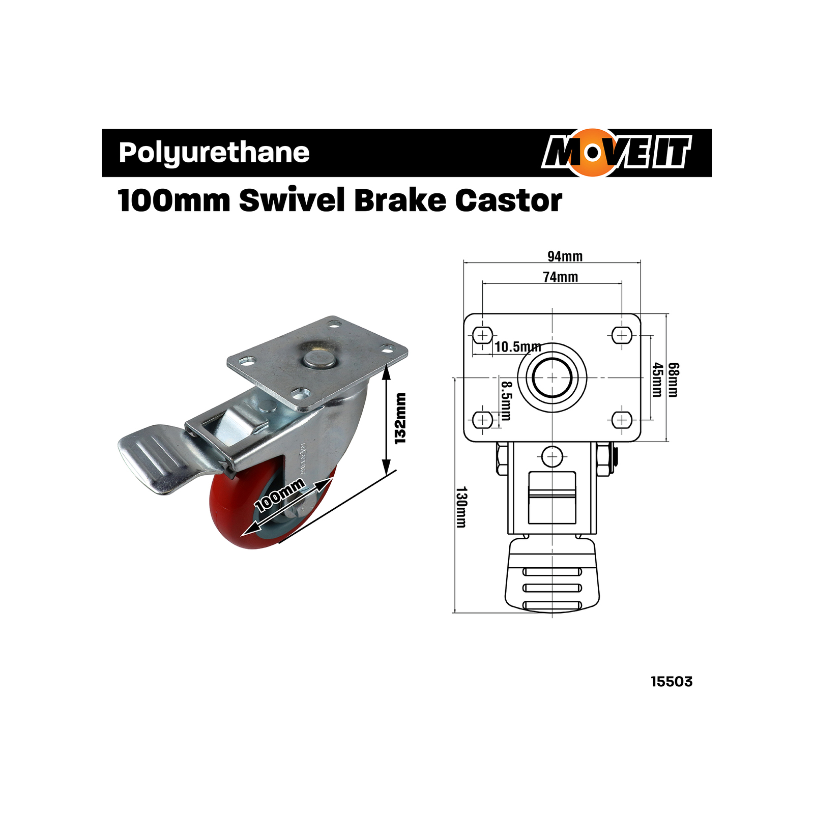 Move It 100mm 150kg Red Poly Swivel Brake Castor 3 Move It 100mm 150kg Red Poly Swivel Brake Castor