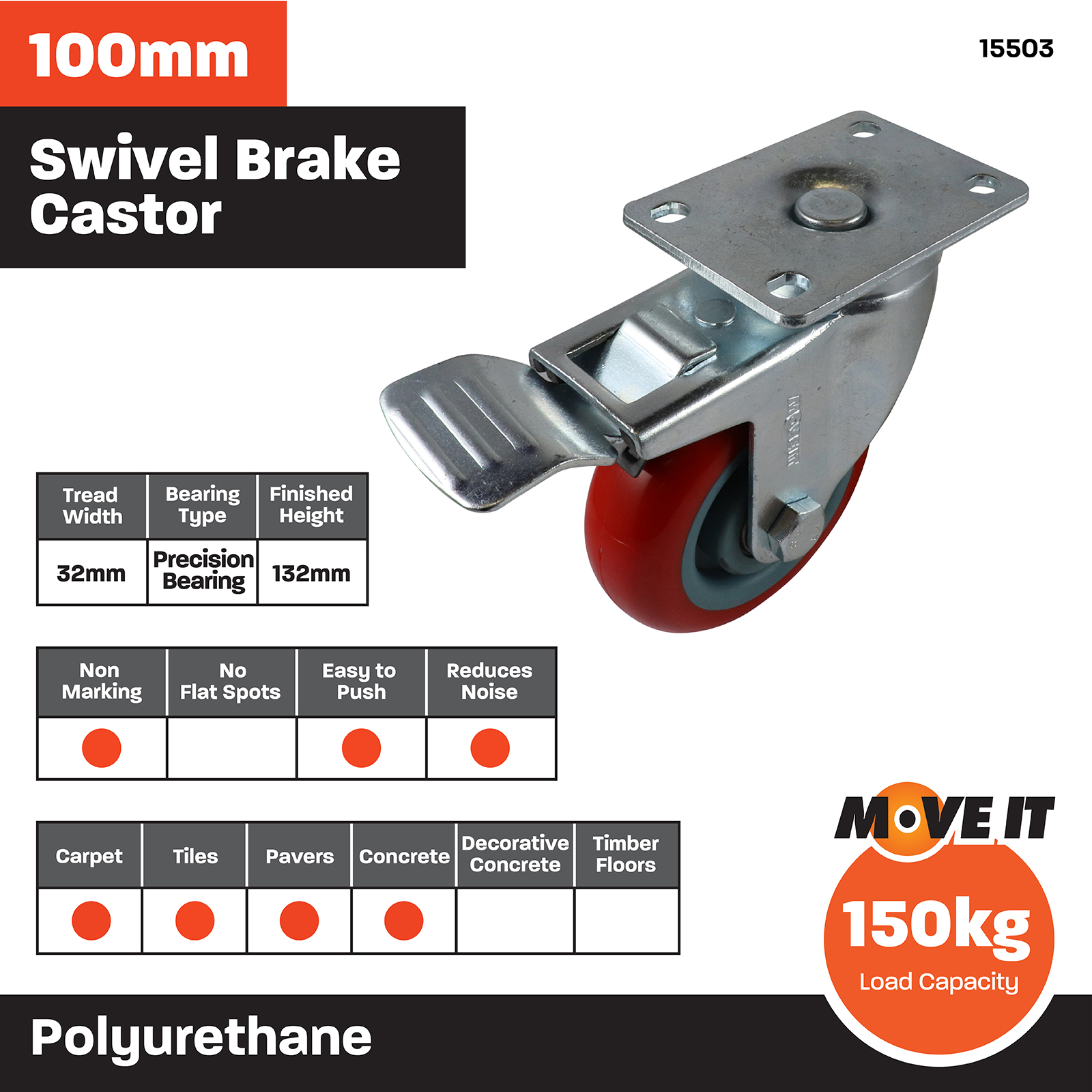 Move It 100mm 150kg Red Poly Swivel Brake Castor 4 Move It 100mm 150kg Red Poly Swivel Brake Castor