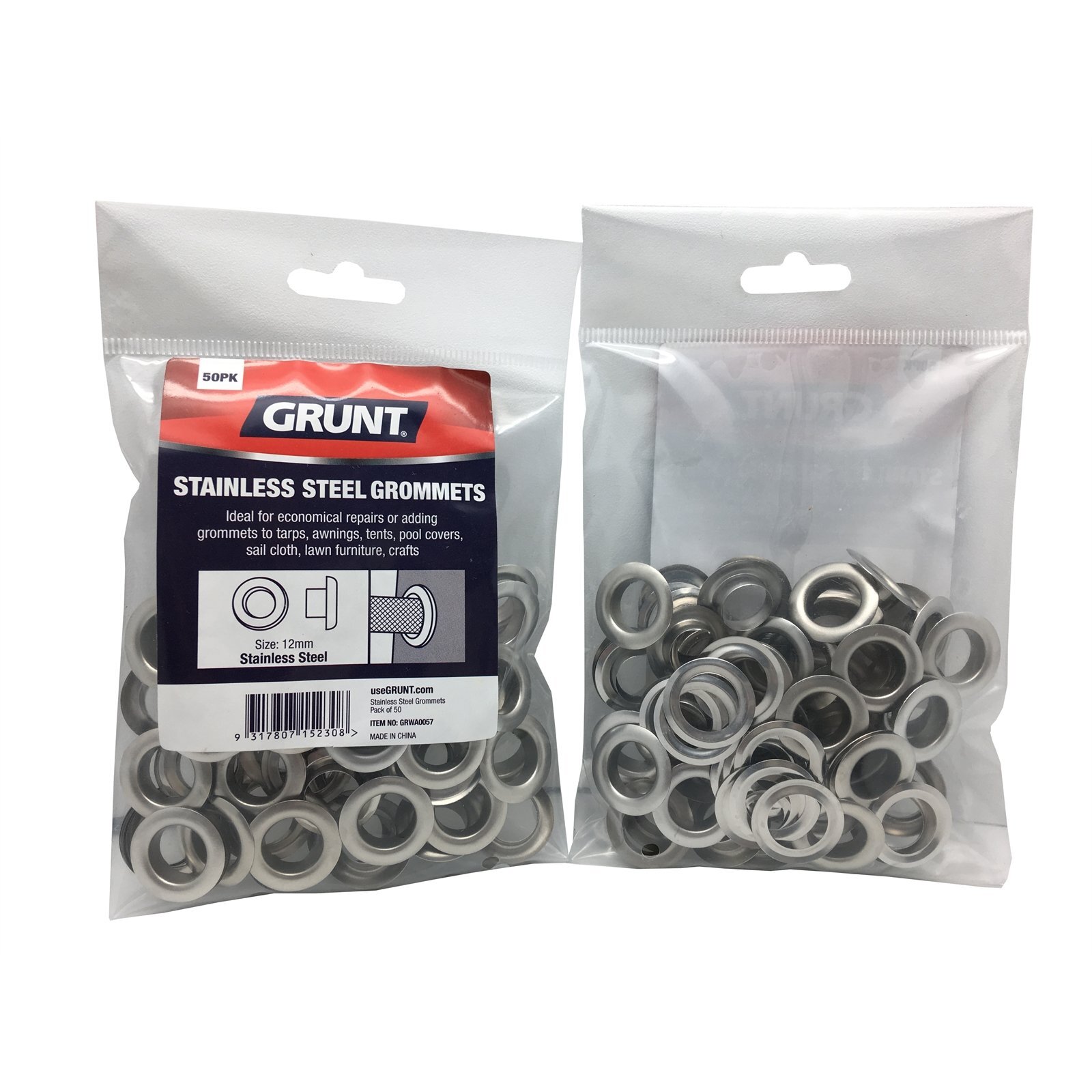 GRUNT 12mm Stainless Steel Webbing Grommets - 50 Pack