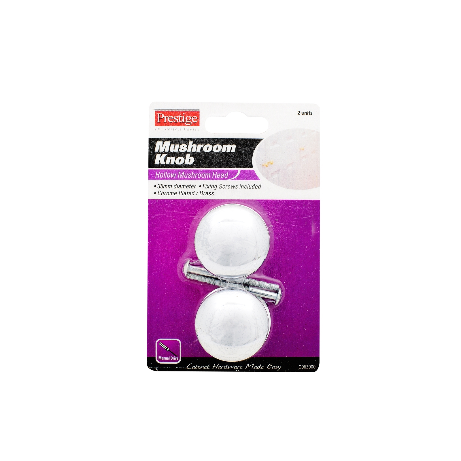Prestige 35mm Chrome Plated Hollow Mushroom Cupboard Knob Card of 2 - Polished Chrome