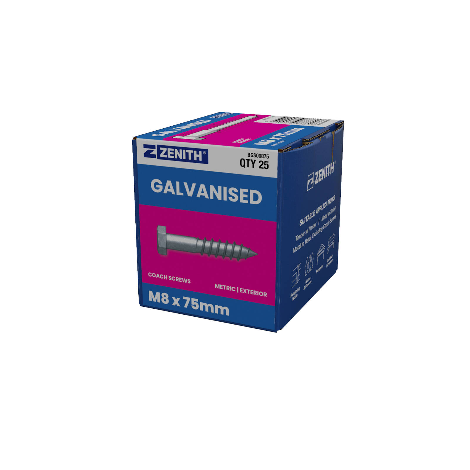 ZENITH M8 x 75mm Hot Dip Galvanised Hex Head Coach Screws - 25 Pack