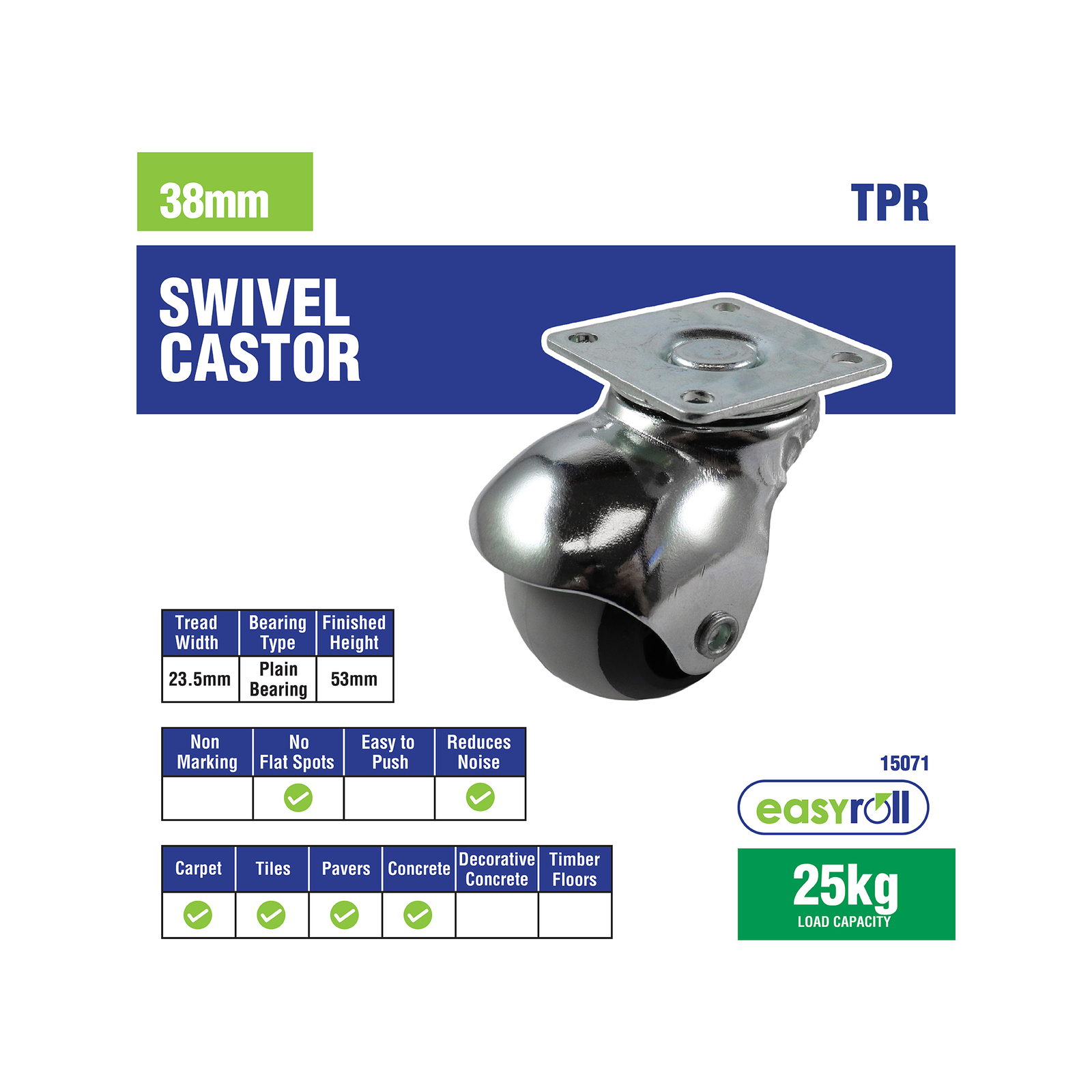 Easyroll 38mm 25kg Swivel Plate TPR Ball Wheel Castor
