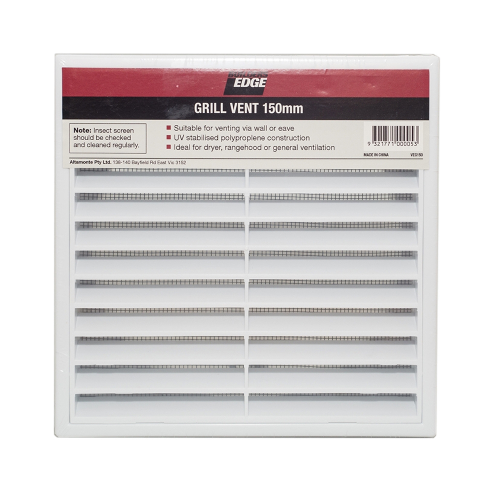 Builders Edge 150mm White Grill Vent with Insect Screen