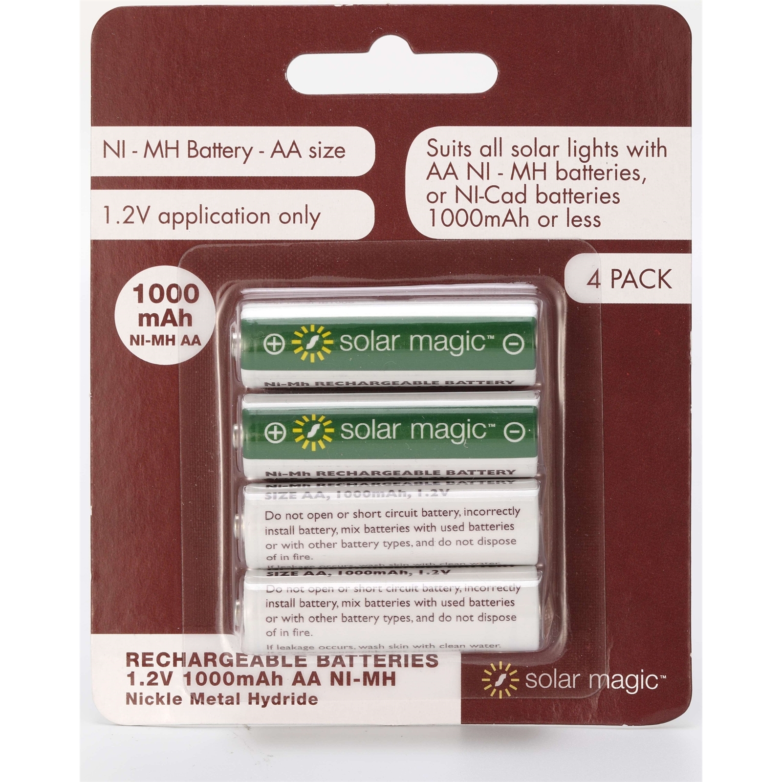 Solar Magic AA 1000mAh Ni-Mh Rechargeable Batteries - 4 Pack
