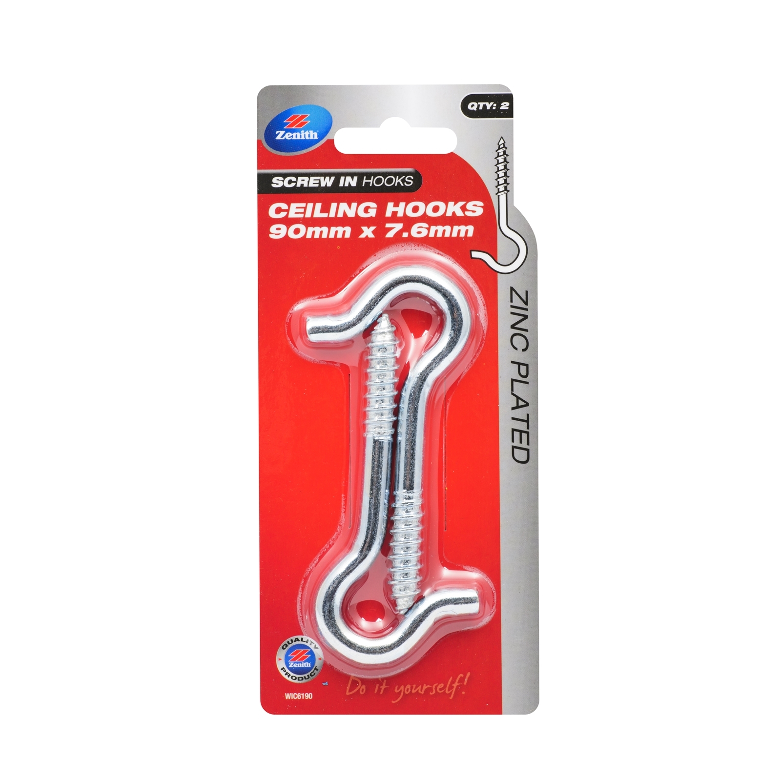 Zenith 90 x 7.6mm Zinc Plated Ceiling Hook - 2 Pack