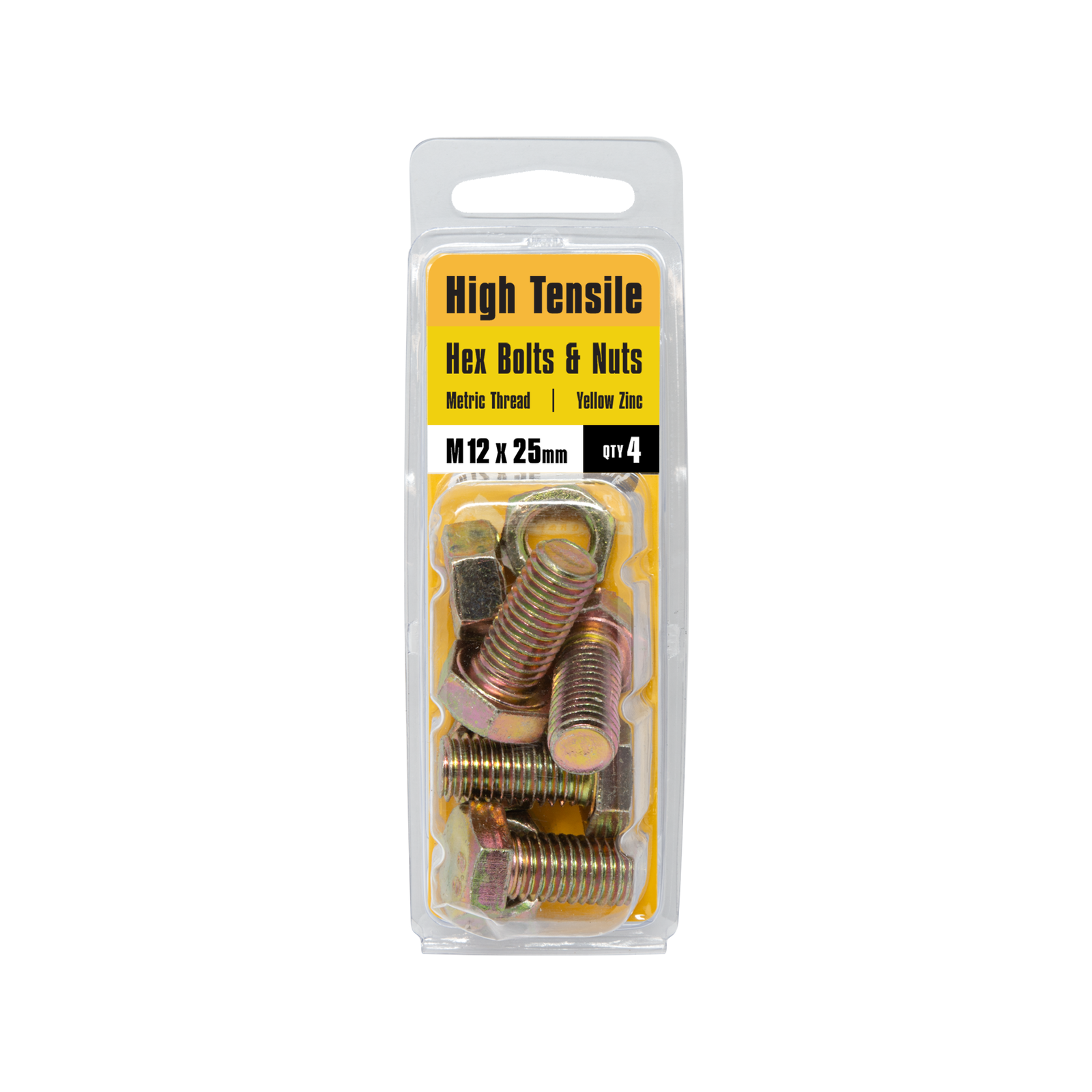 Pinnacle 12 x 25mm Yellow Zinc Hi Tensile Hex Bolt And Nut - 4 Pack