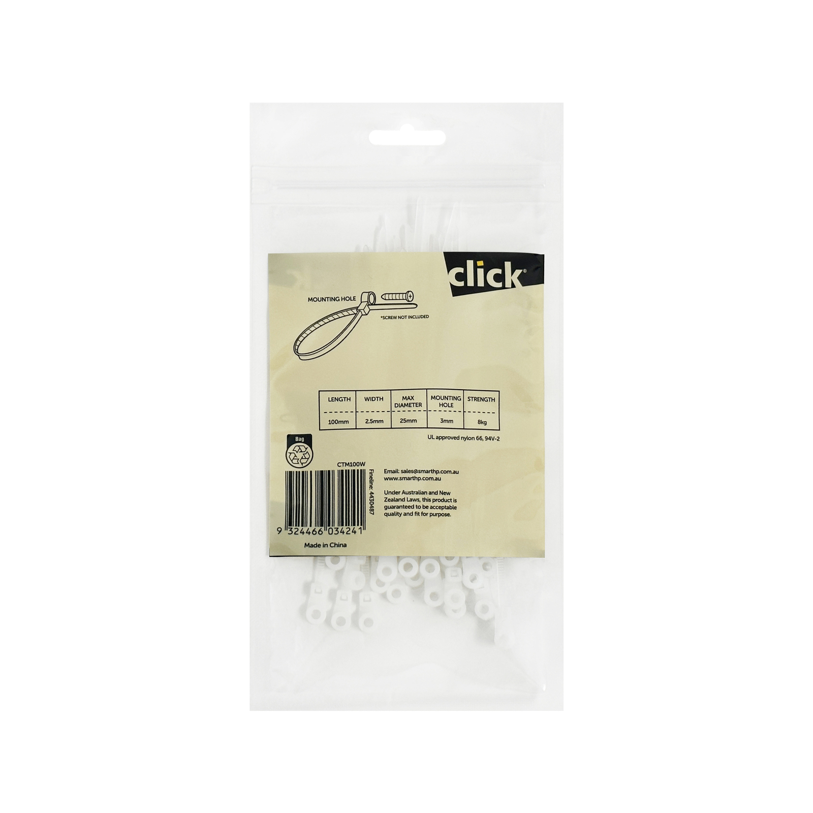 Click 100mm Mounting Cable Tie - 25 Pack