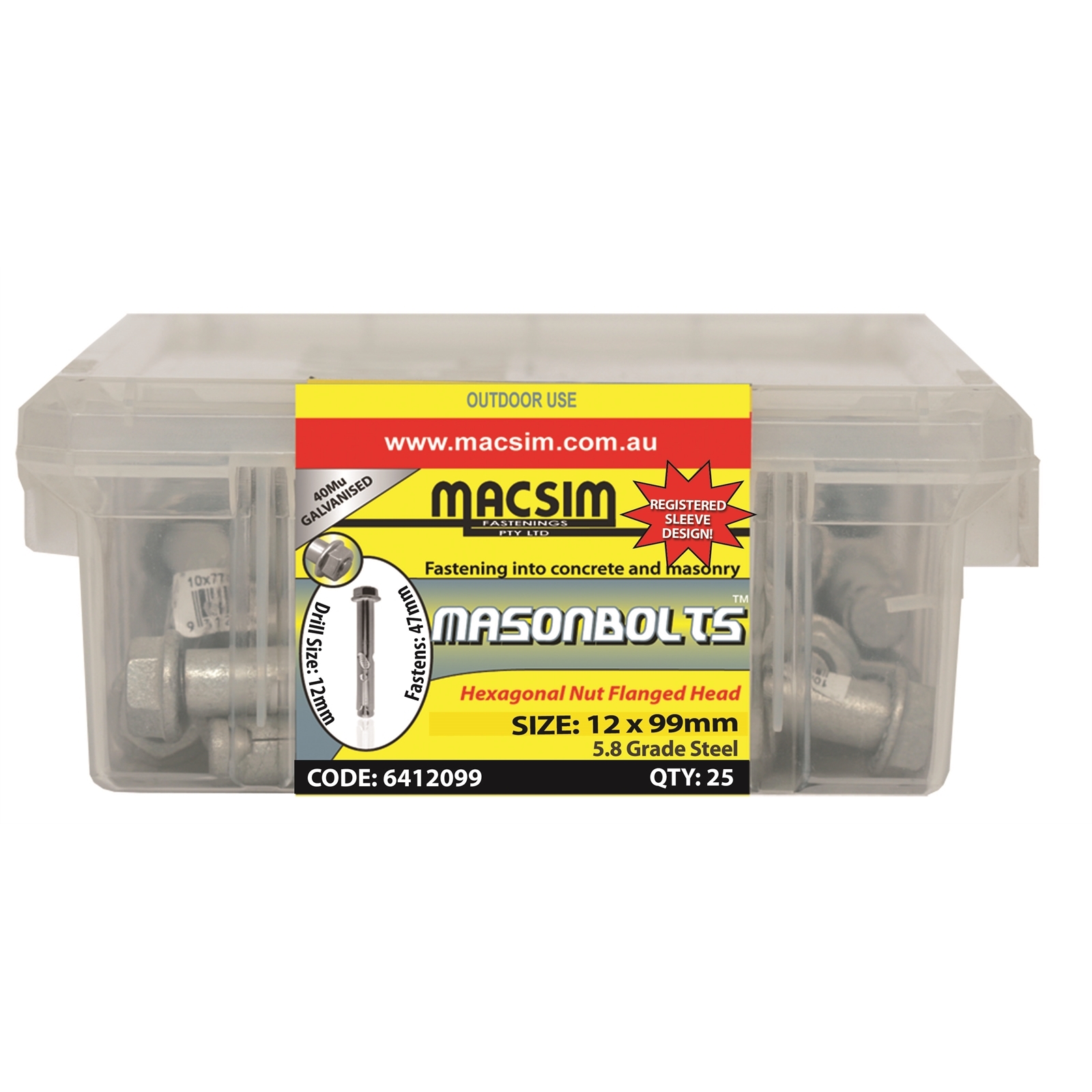 Macsim Fasteners 12 x 99mm Galvanised Sleeve Anchor - 25 Pack