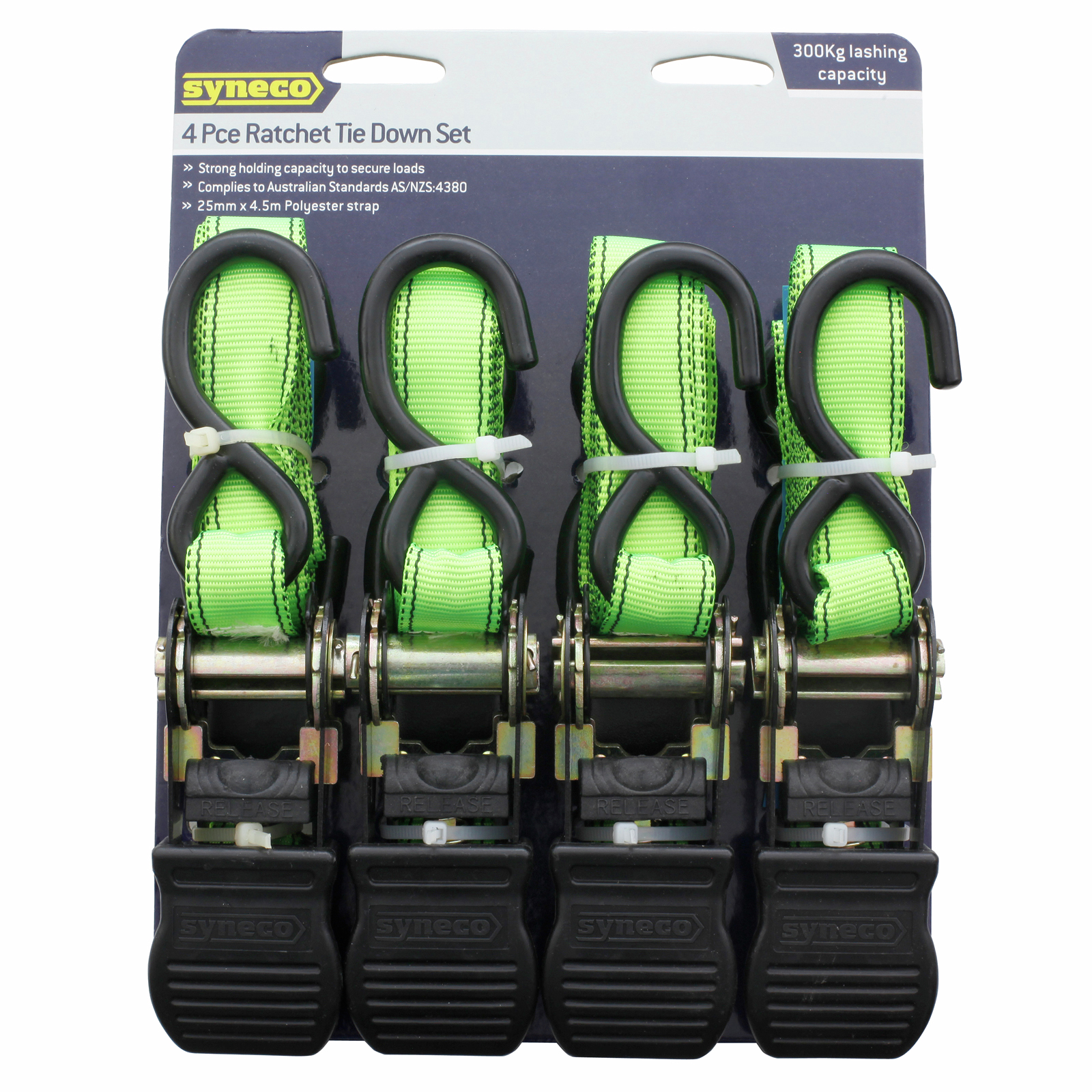 Syneco 25mm x 4.5m S Hook Ratchet Tie Down Set - 4 Pack 3 Syneco 25mm x 4.5m S Hook Ratchet Tie Down Set - 4 Pack