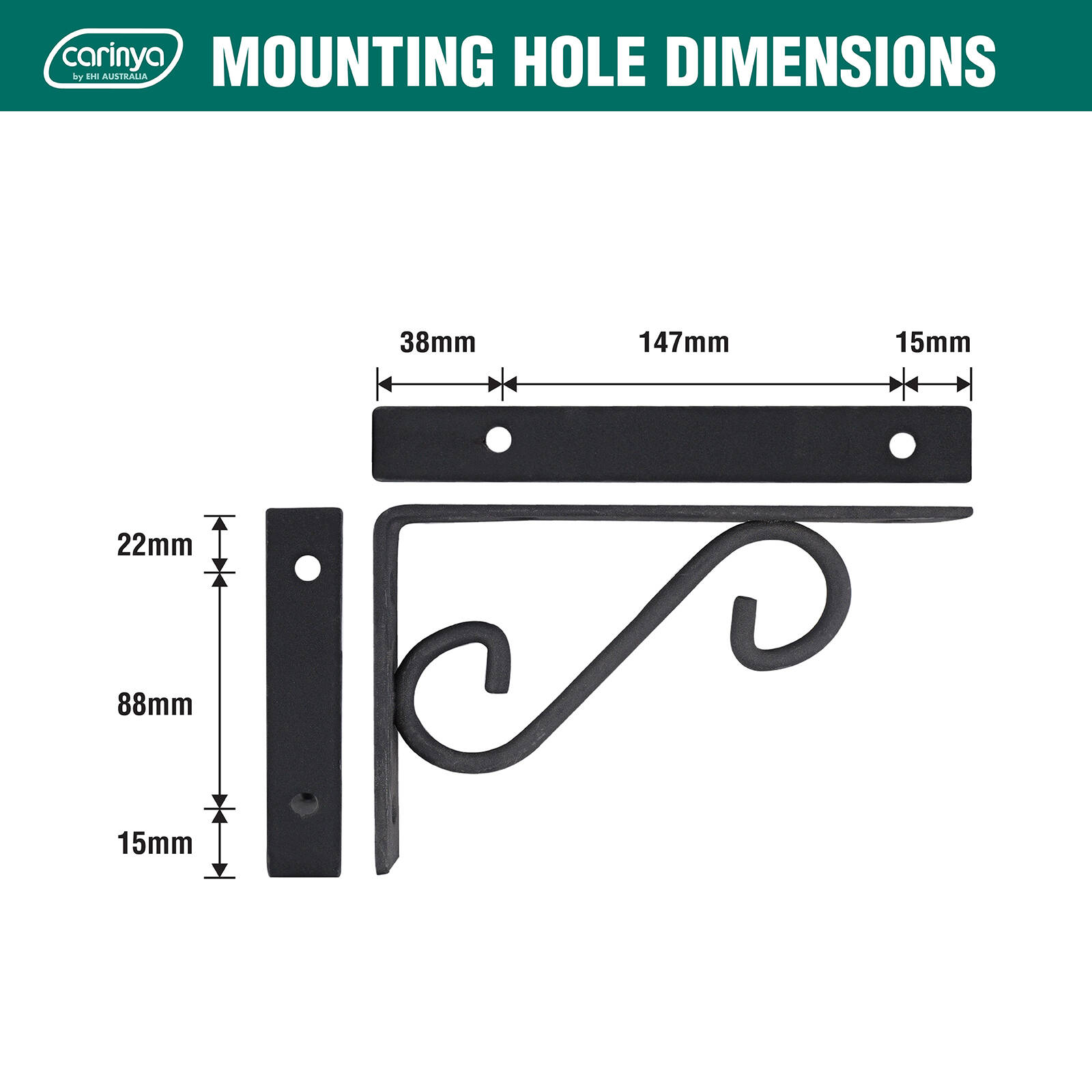 Carinya 200 x 125mm Black Scroll Stayed Bracket 6 Carinya 200 x 125mm Black Scroll Stayed Bracket