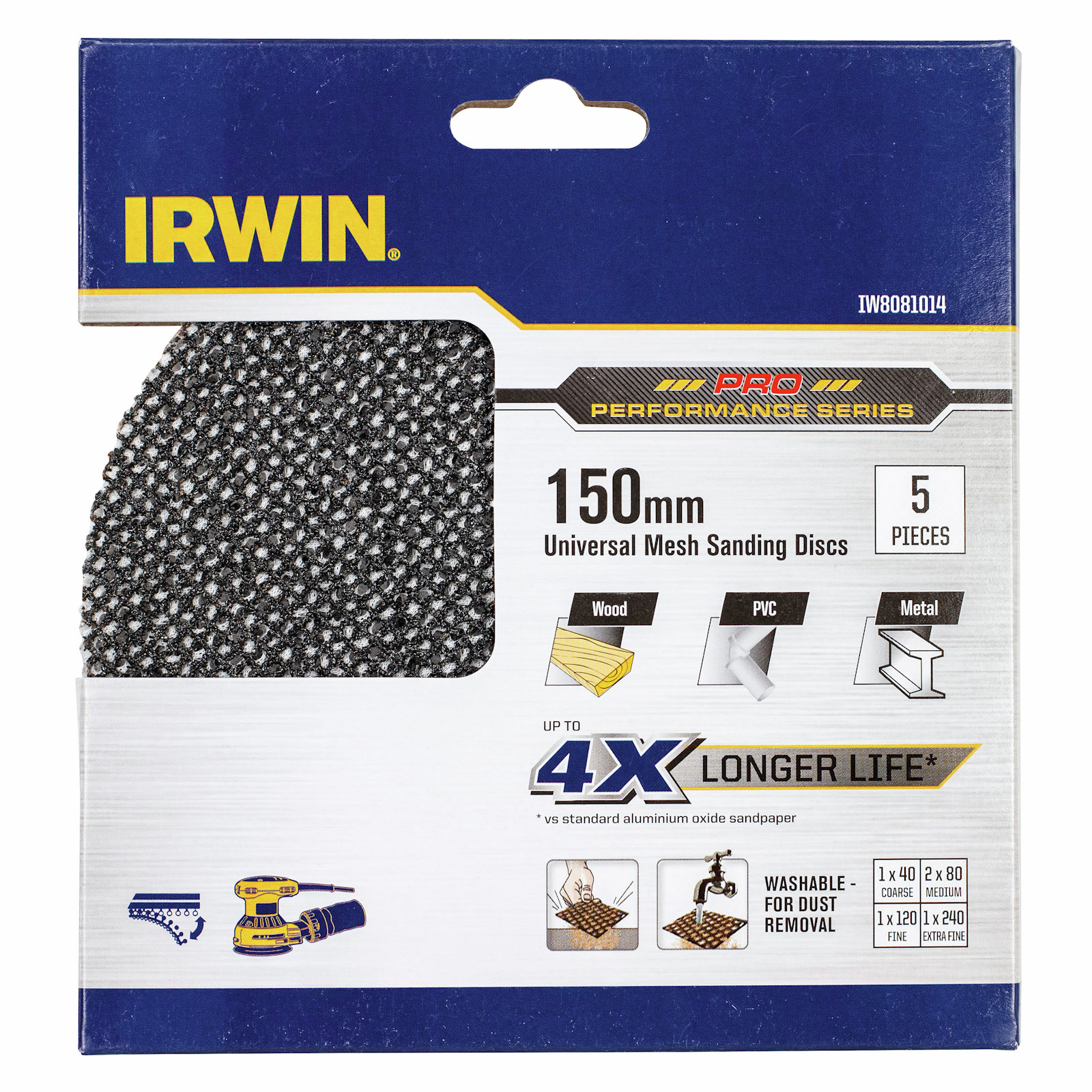 Irwin 150mm Mixed Grit Orbital Sanding Disc - 5 Pack (40, 80, 80, 120, 240)