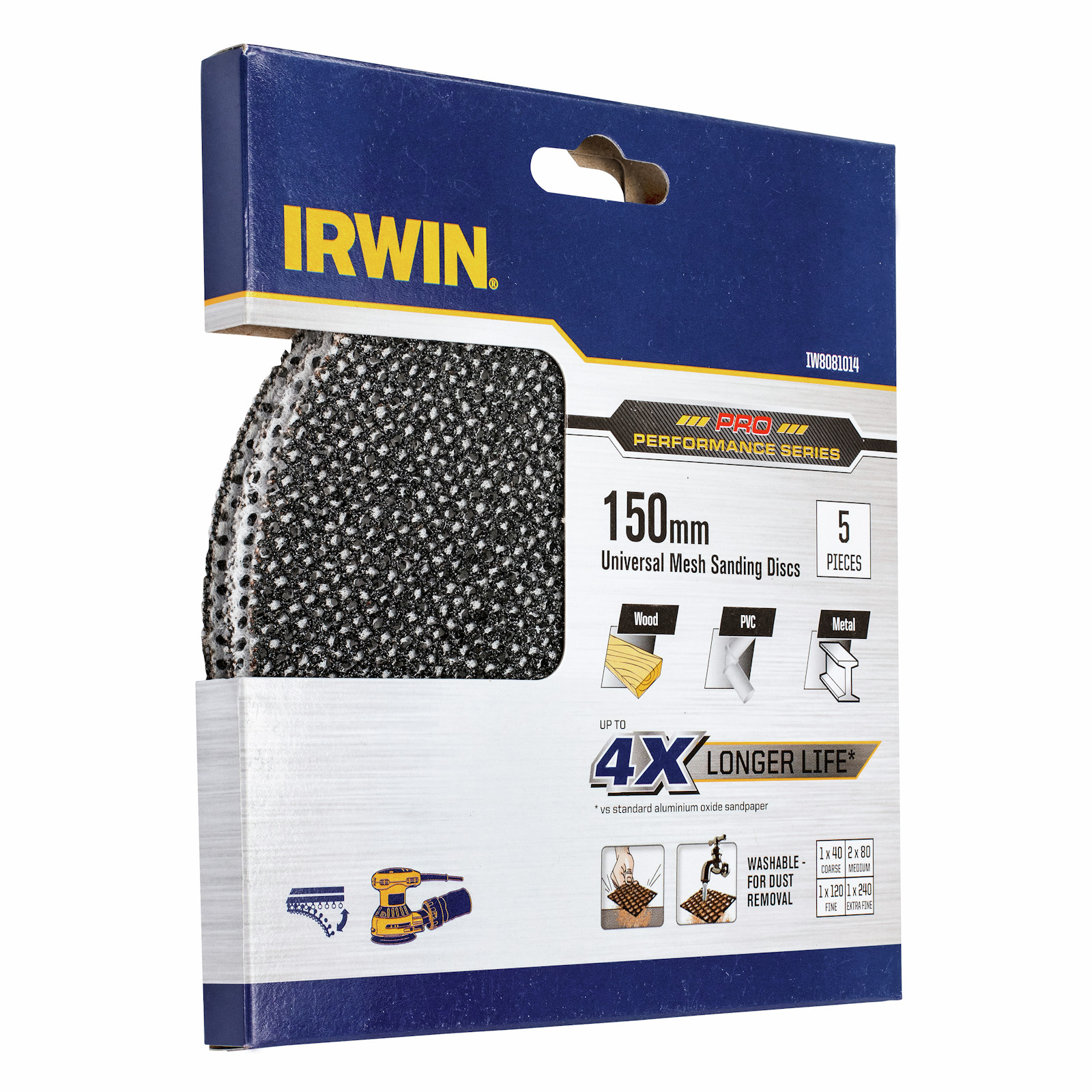 Irwin 150mm Mixed Grit Orbital Sanding Disc - 5 Pack (40, 80, 80, 120, 240)