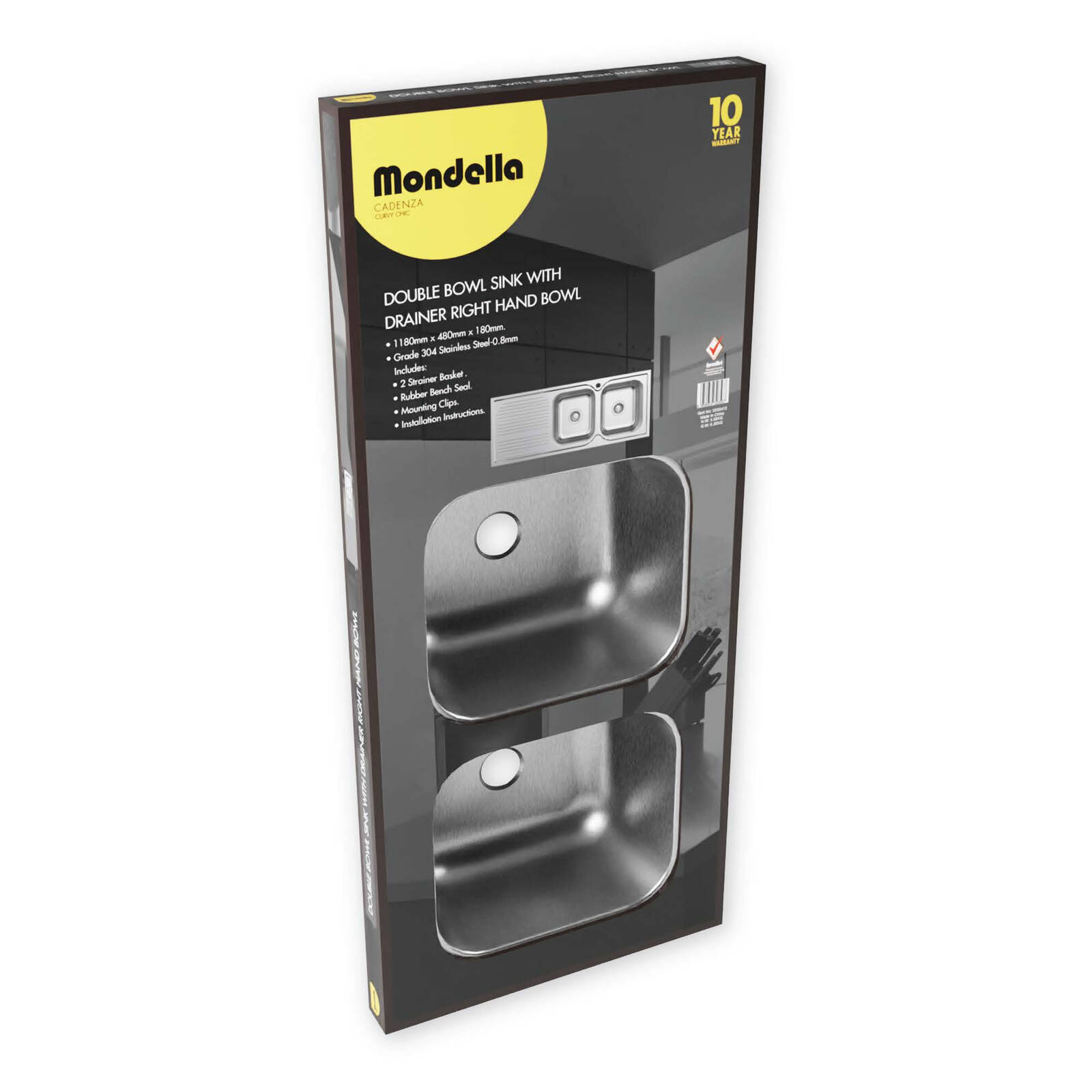 Mondella Cadenza 1180mm Right Hand Double Bowl Sink with Drainer