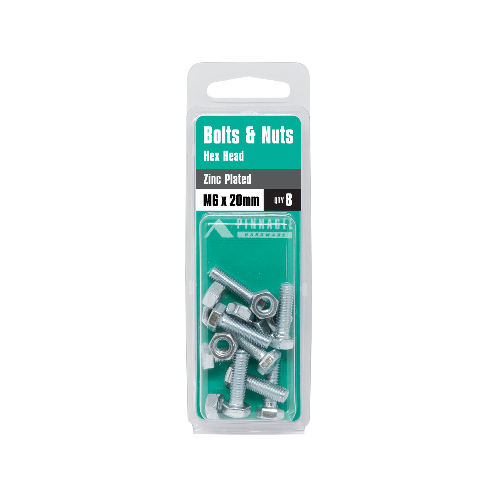 Pinnacle M6 x 20mm Zinc Plated Hex Head Bolts And Nuts - 8 Pack