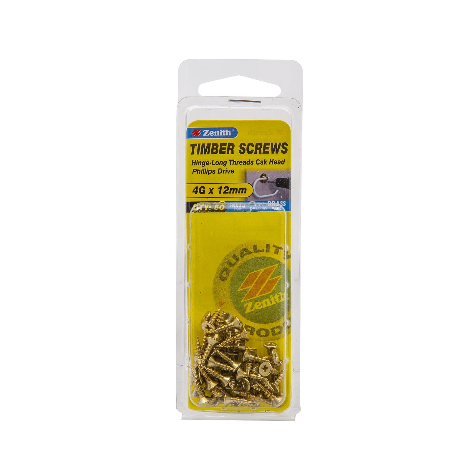 Zenith 4G x 12mm Brass Plated Hinge-Long Threads Countersunk Head Timber Screws - 50 Pack