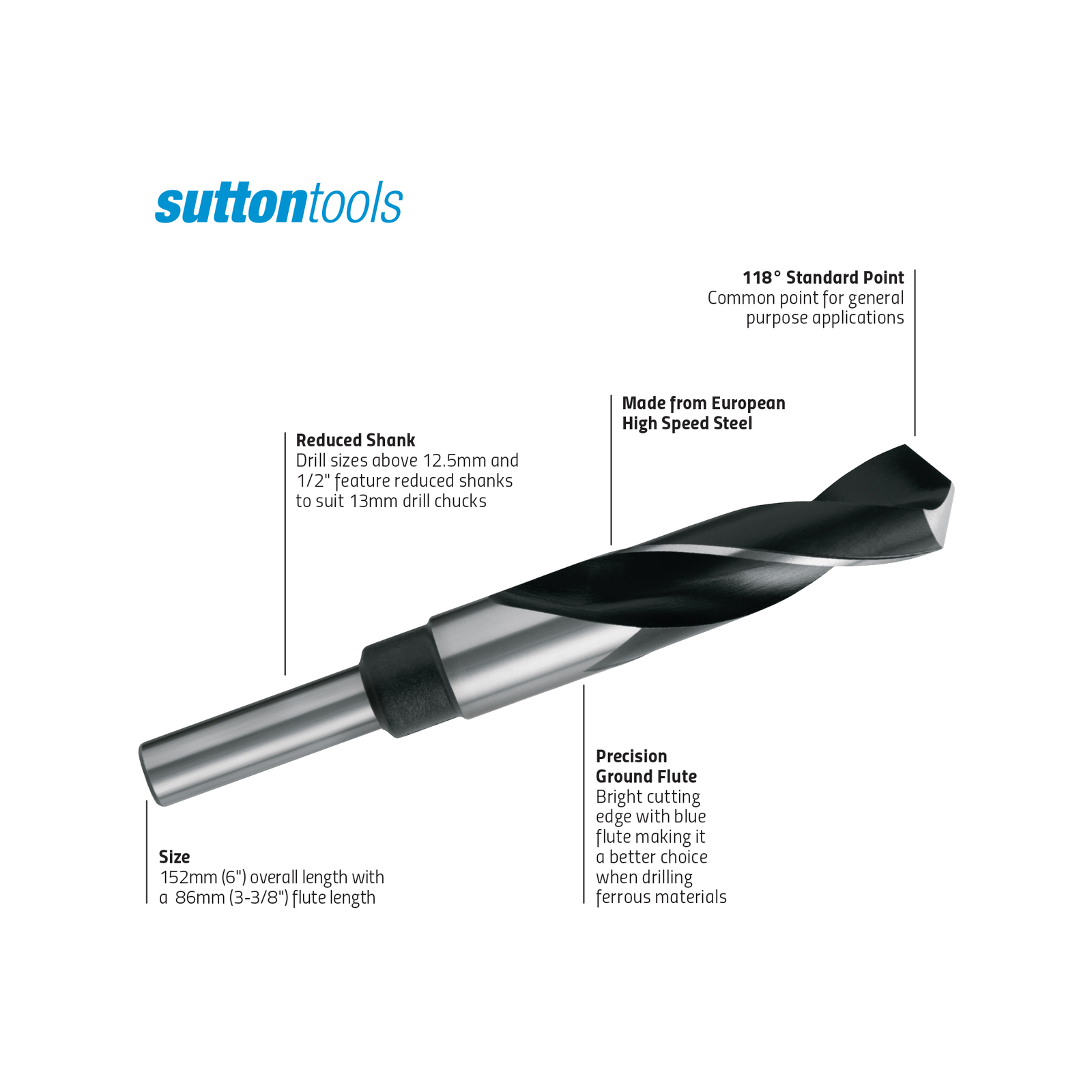Sutton Tools 16 x 12.5mm Reduced Shank Jobber Drill Bit 4 Sutton Tools 16 x 12.5mm Reduced Shank Jobber Drill Bit