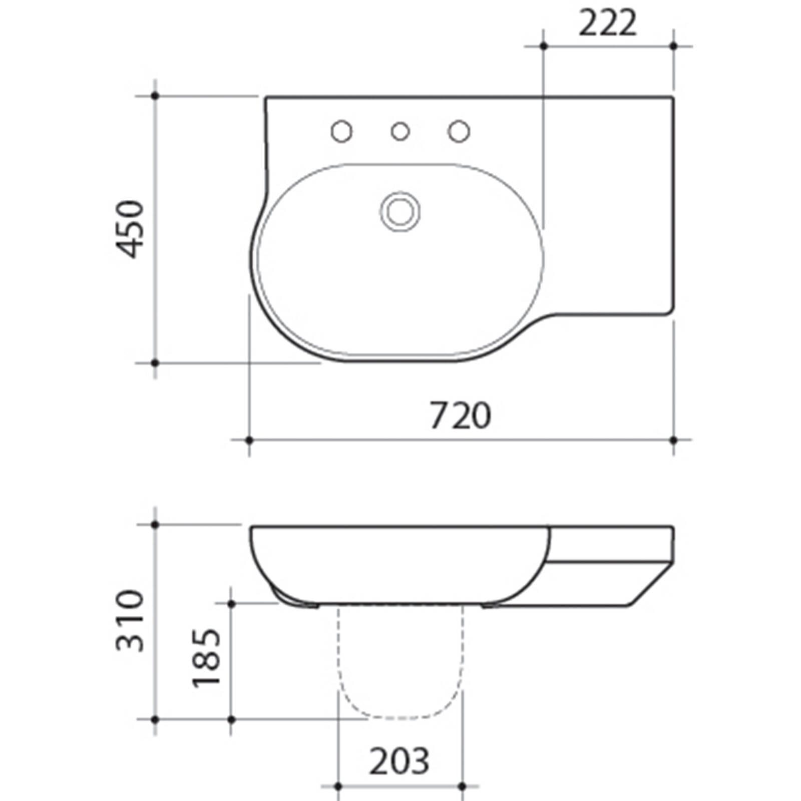 Caroma 720mm White Opal Right Hand Wall Basin with 3 Tap Holes