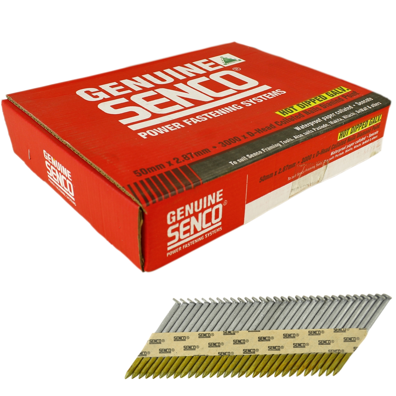 Senco 50 x 2.87mm Galvanised Flat Head Nails Collated Strip Nails - 3000 Pack