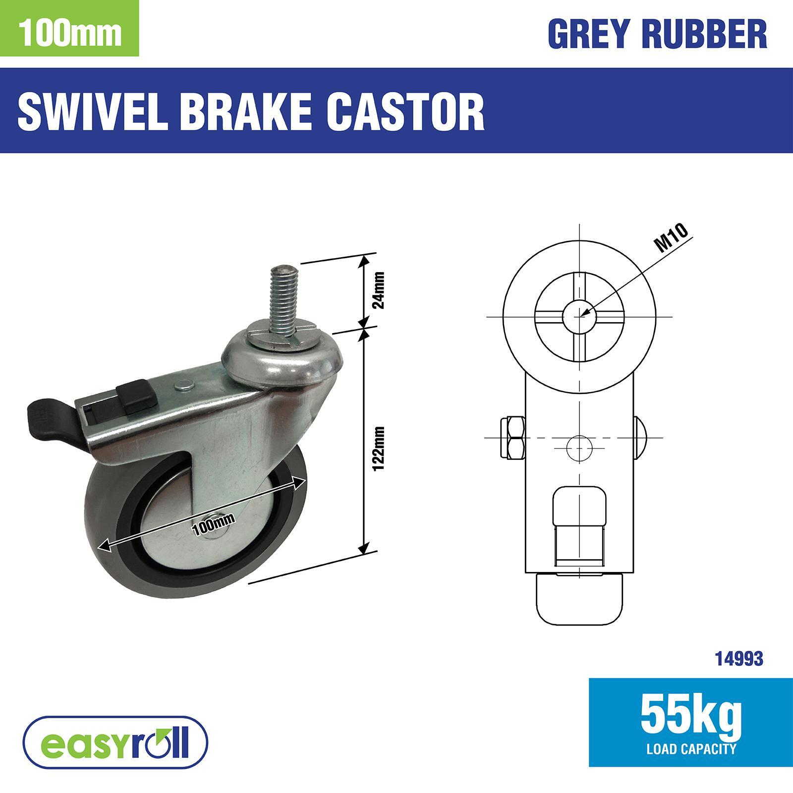 Easyroll 100mm 55kg Grey Rubber Swivel Plus Brake Castor 5 Easyroll 100mm 55kg Grey Rubber Swivel Plus Brake Castor