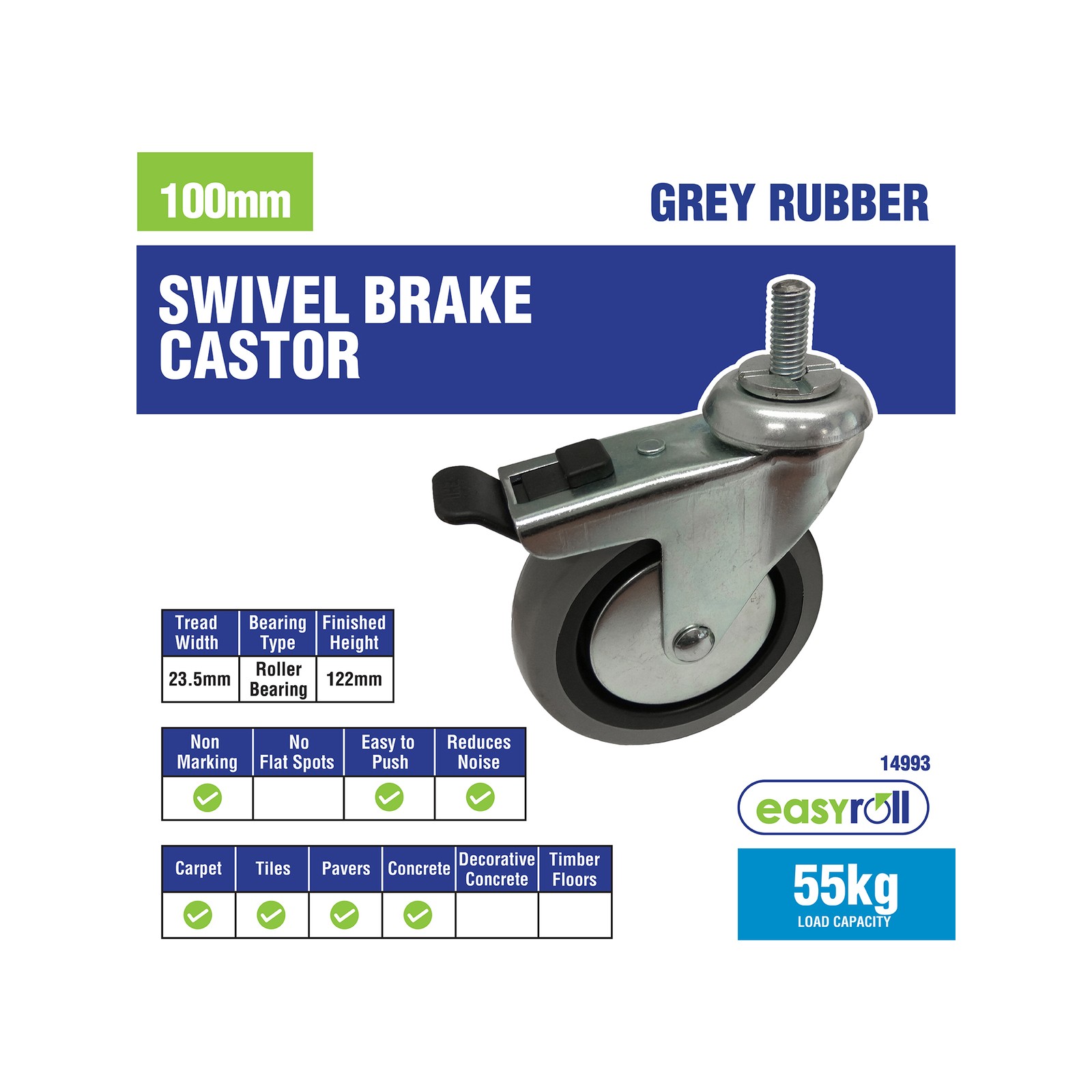 Easyroll 100mm 55kg Grey Rubber Swivel Plus Brake Castor 6 Easyroll 100mm 55kg Grey Rubber Swivel Plus Brake Castor