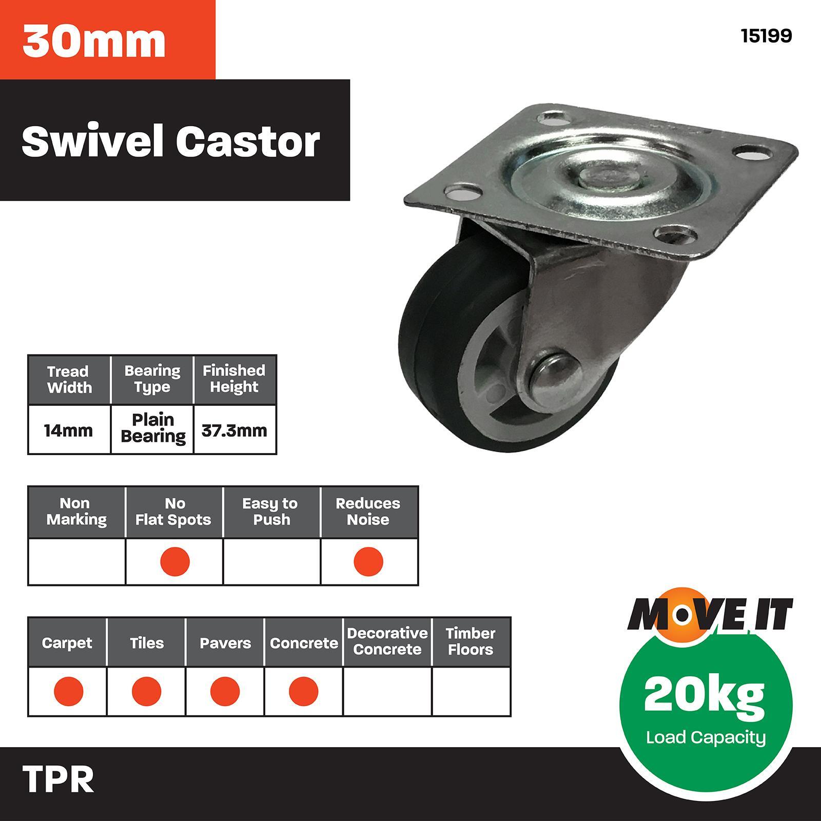 Move It 30mm 20kg Grey Swivel Plate Castor - 2 Pack
