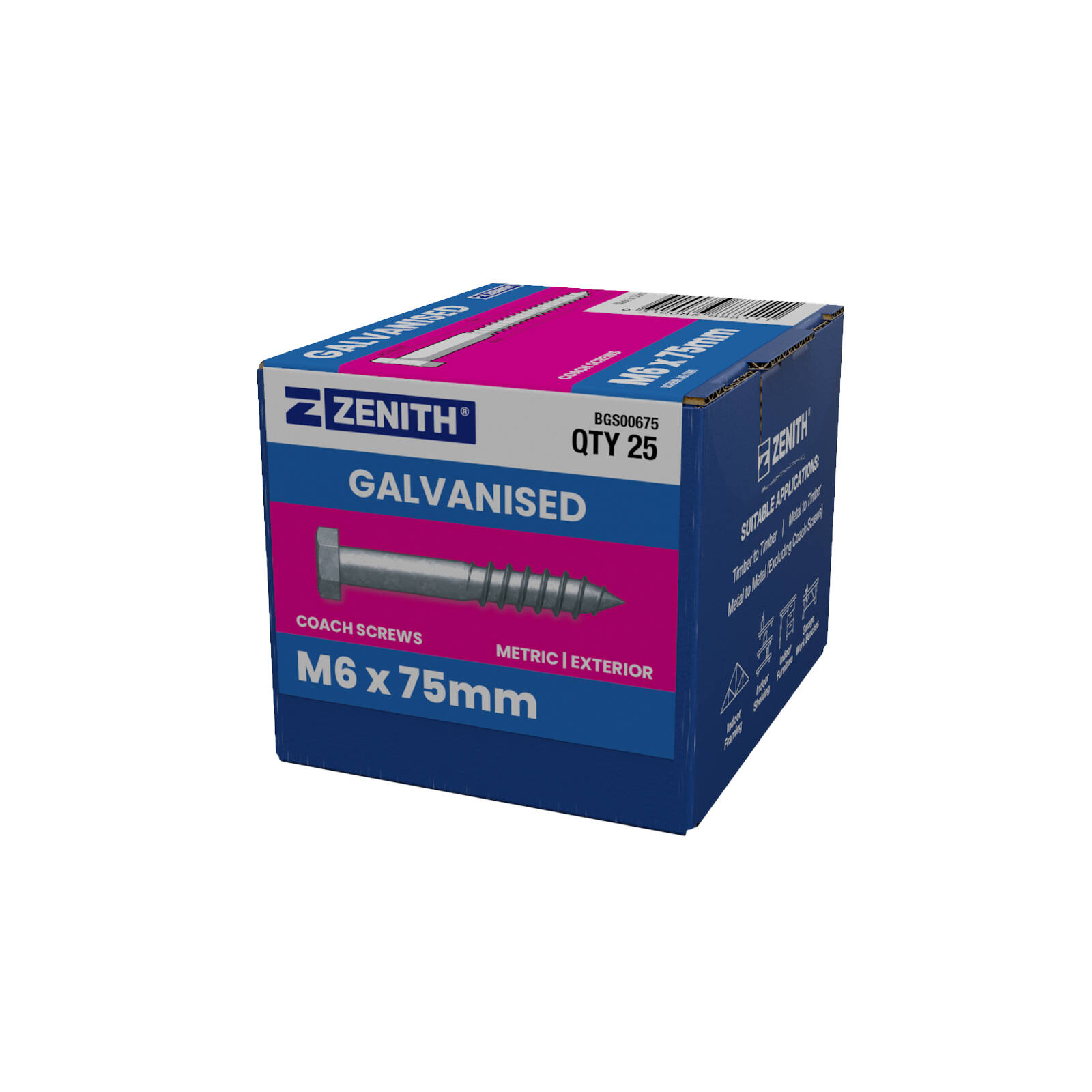 ZENITH M6 x 75mm Hot Dip Galvanised Hex Head Coach Screws - 25 Pack