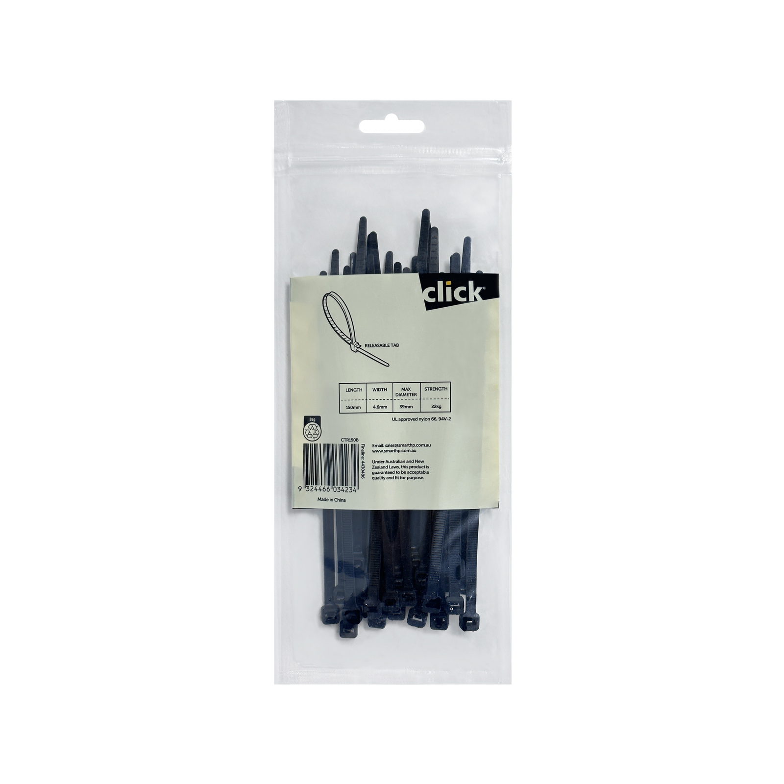 Click 150mm Black Releasable Cable Tie - 25 Pack