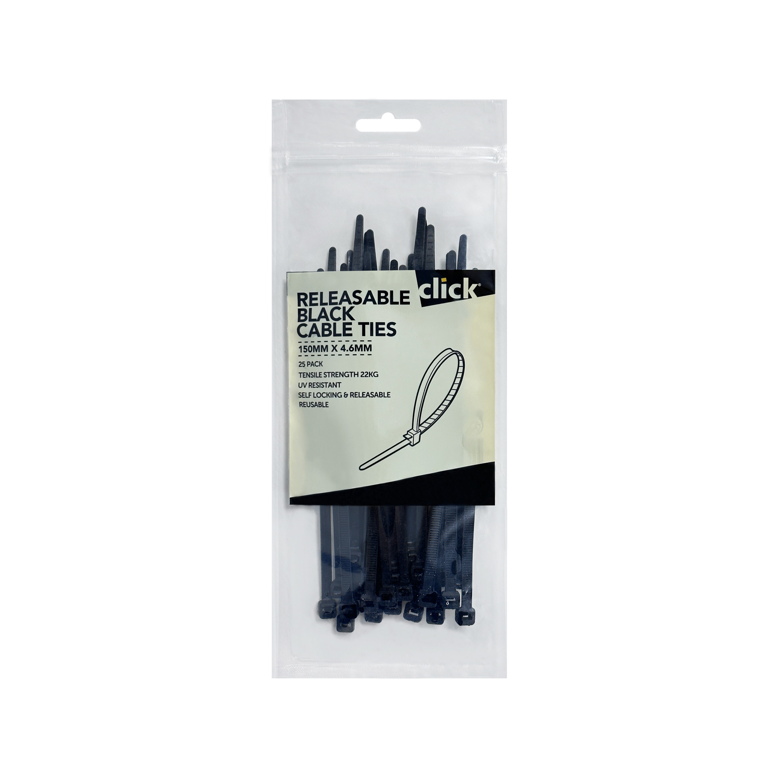 Click 150mm Black Releasable Cable Tie - 25 Pack