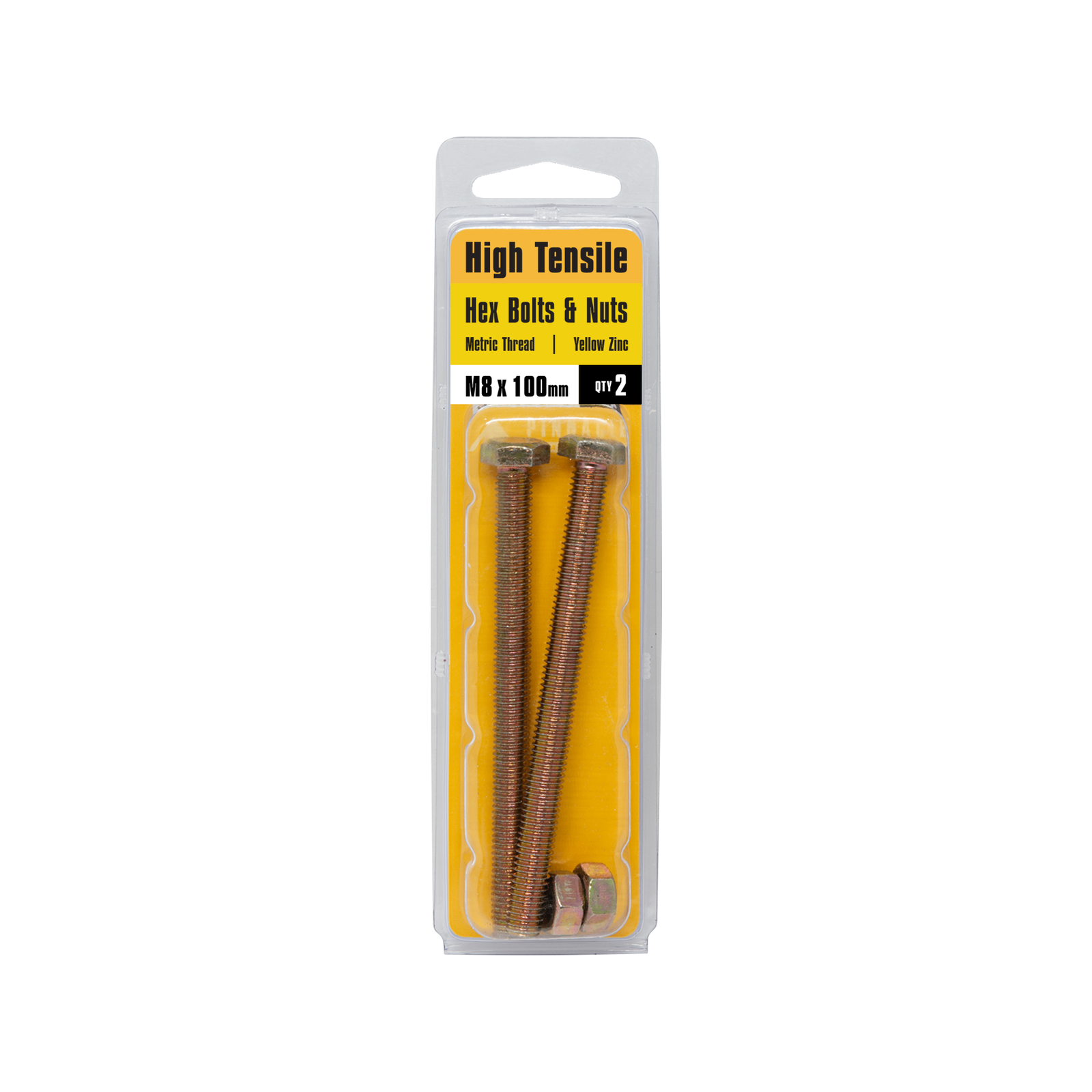 Pinnacle M8 x 100mm Yellow Zinc Hi Tensile Hex Bolt And Nut - 2 Pack
