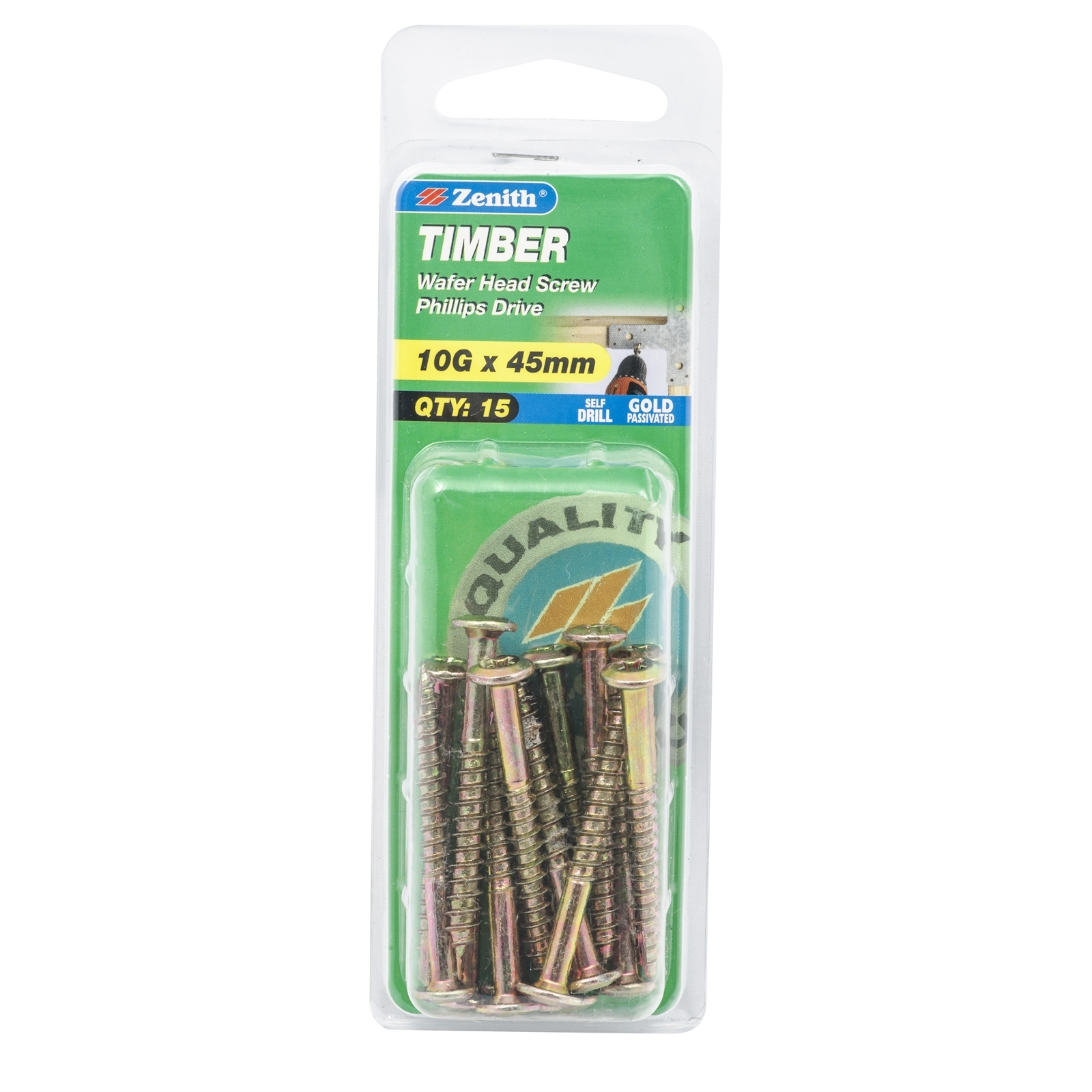 Zenith 10G x 45mm Gold Passivated Wafer Head Timber Screws - 15 Pack