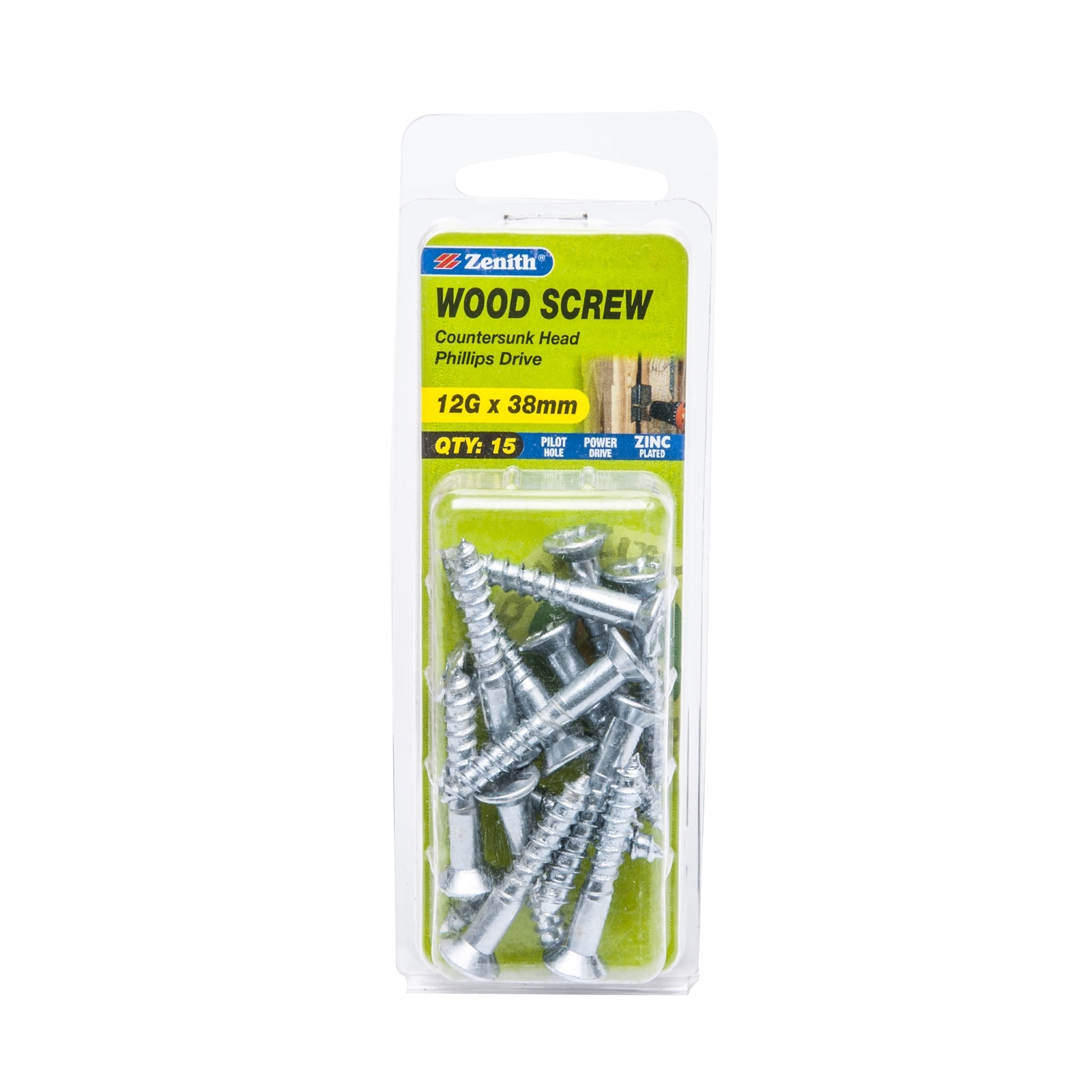 Zenith 12G x 38mm Zinc Plated Countersunk Head Wood Screws - 15 Pack