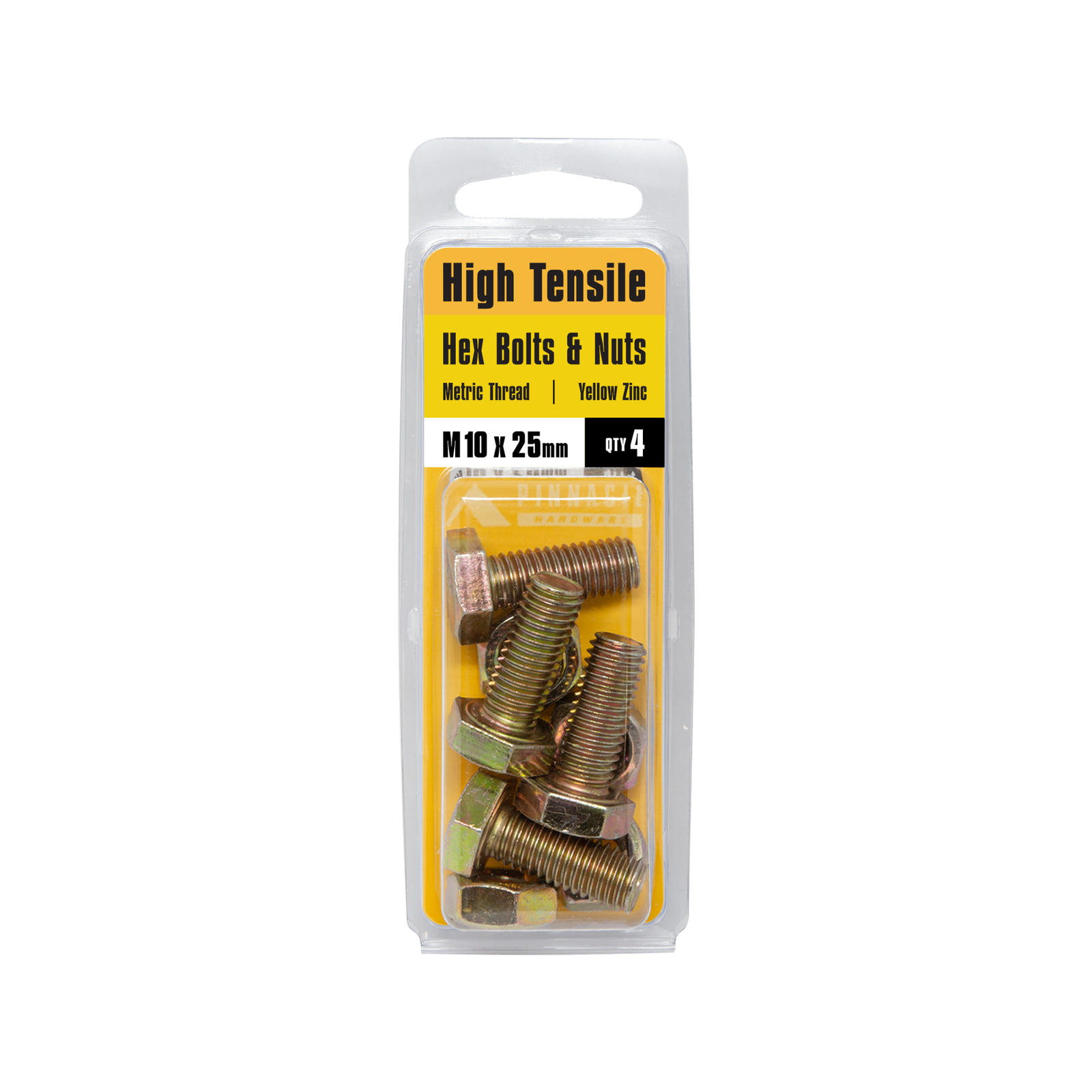 Pinnacle M10 x 25mm Yellow Zinc Hi Tensile Hex Bolt And Nut - 4 Pack