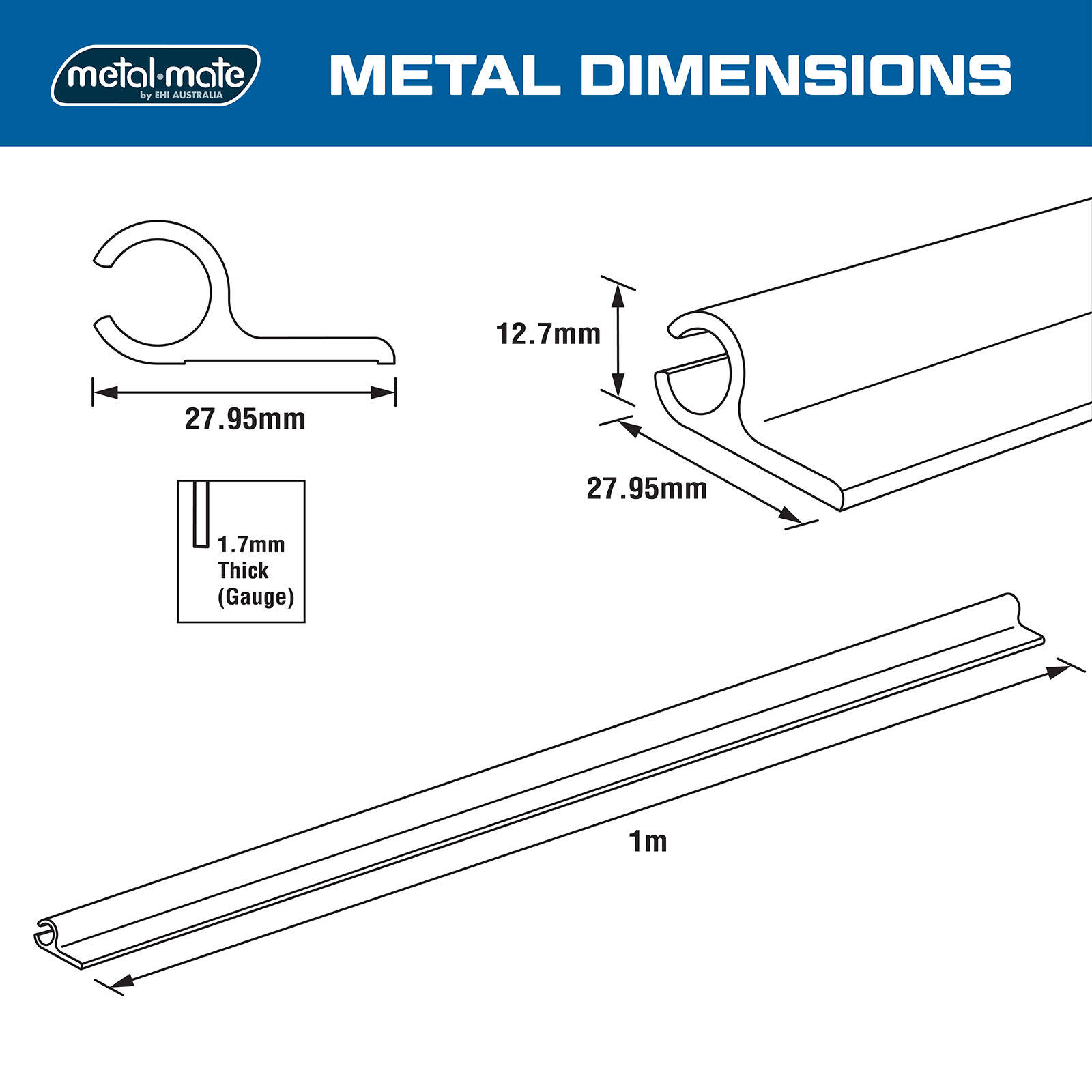 Metal Mate 27.95 x 12.7 x 1.7mm 1m Silver Aluminium Section Sail Track 4 Metal Mate 27.95 x 12.7 x 1.7mm 1m Silver Aluminium Section Sail Track
