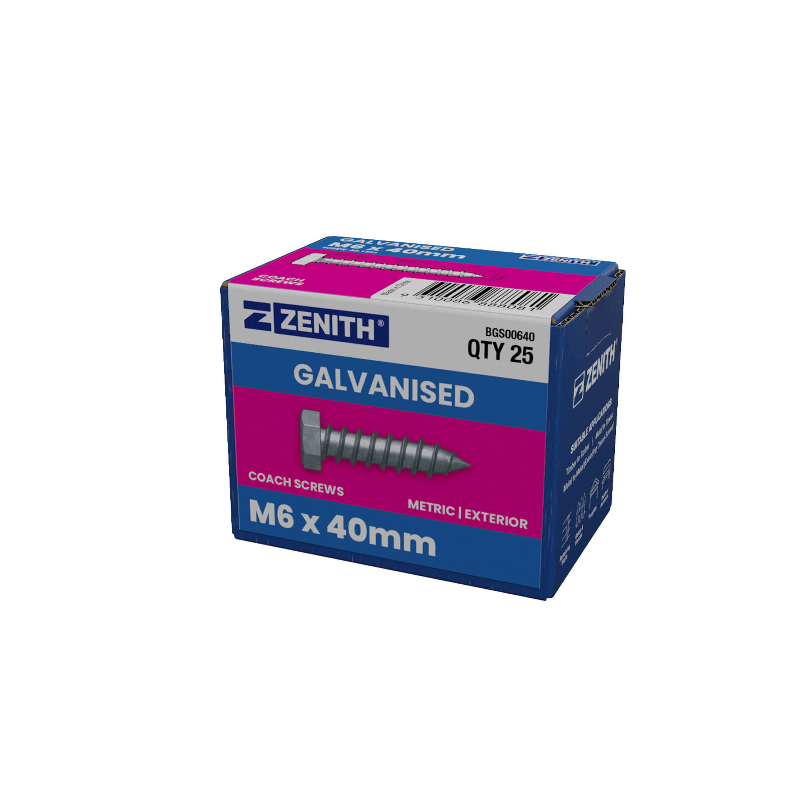 ZENITH M6 x 40mm Hot Dip Galvanised Hex Head Coach Screws - 25 Pack