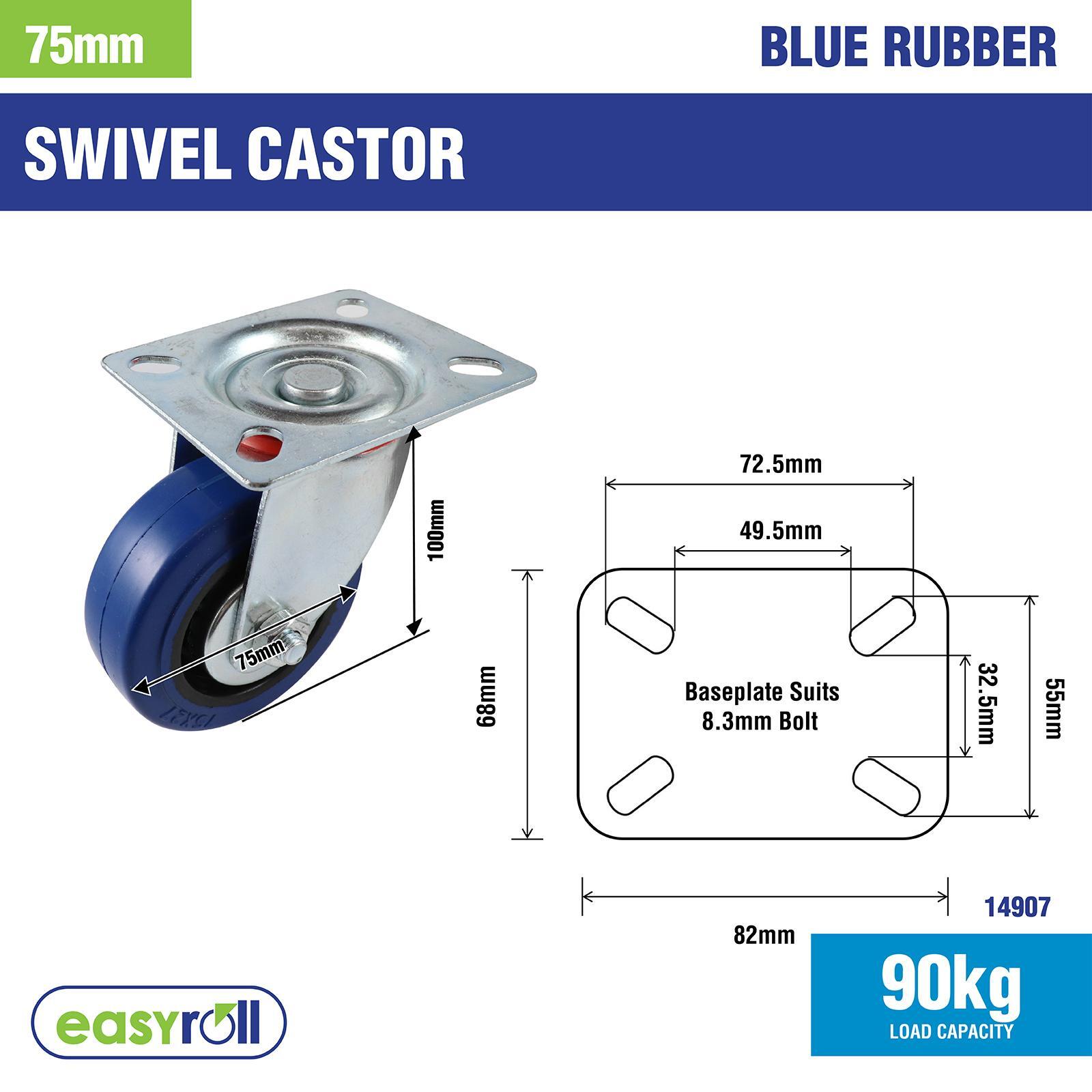 Easyroll 75mm 90kg Blue Rubber Heavy Duty Castor 6 Easyroll 75mm 90kg Blue Rubber Heavy Duty Castor
