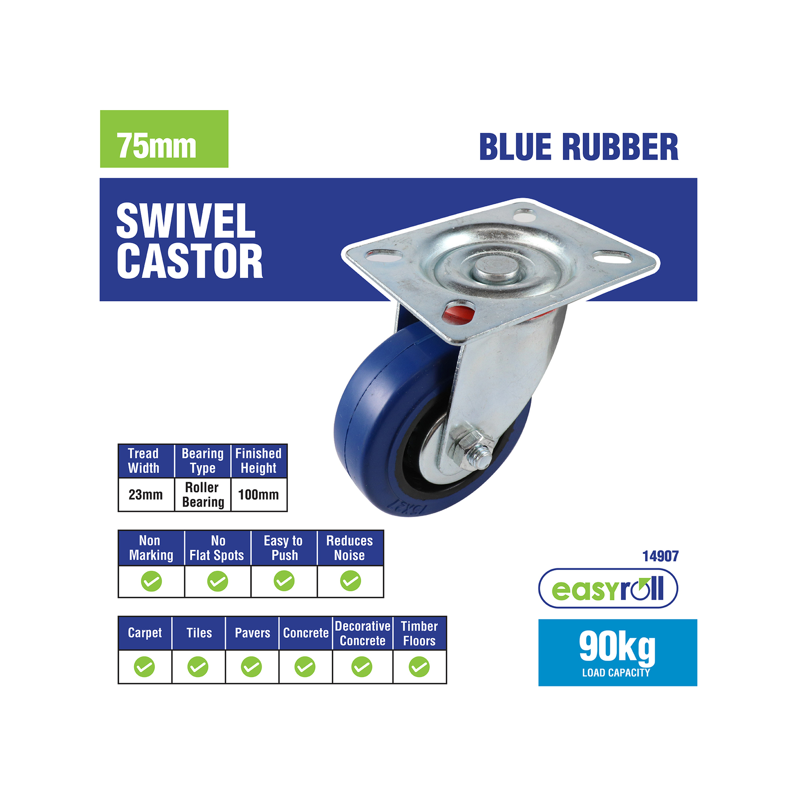Easyroll 75mm 90kg Blue Rubber Heavy Duty Castor 7 Easyroll 75mm 90kg Blue Rubber Heavy Duty Castor