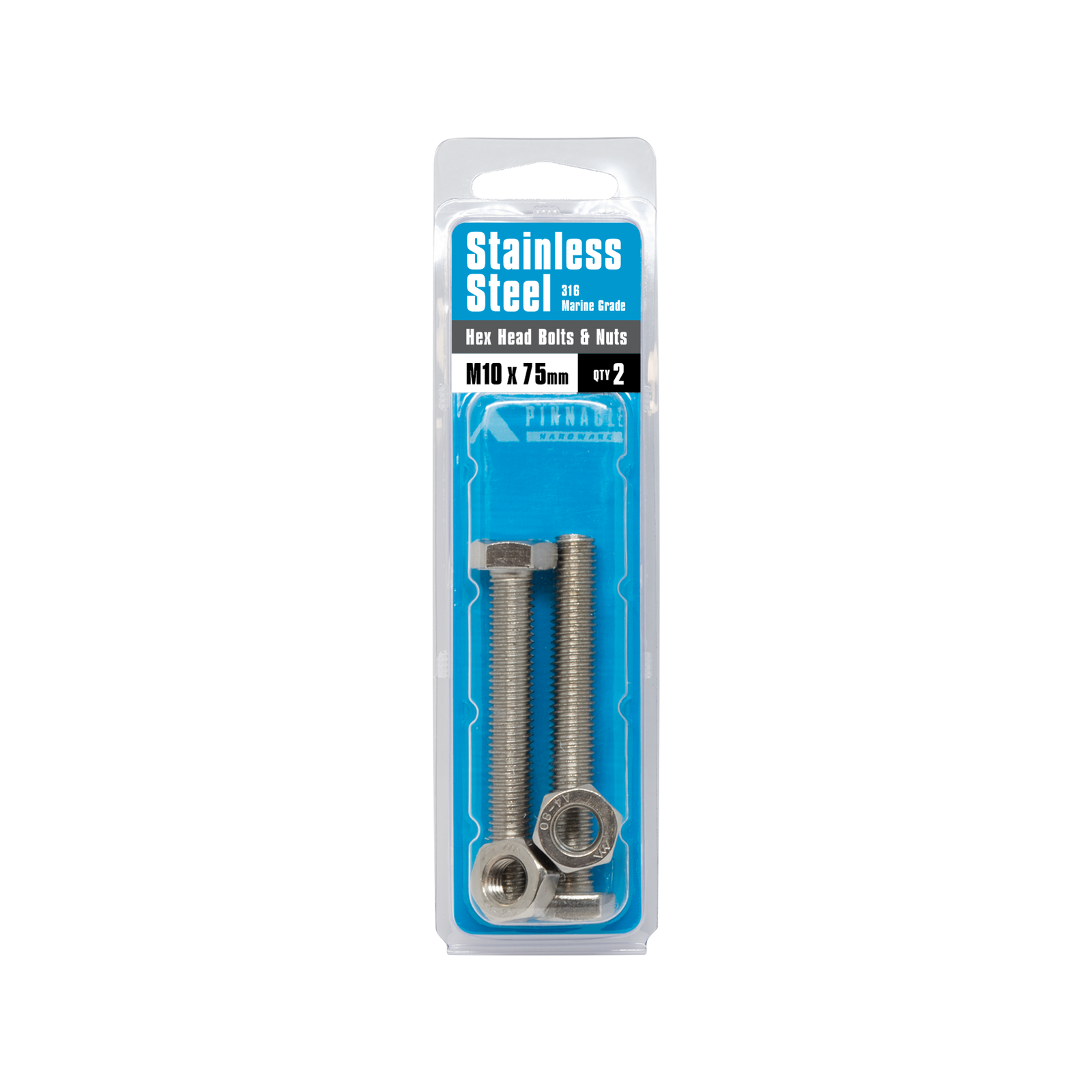 Pinnacle M10 x 75mm Stainless Steel Hex Bolt And Nut - 2 Pack