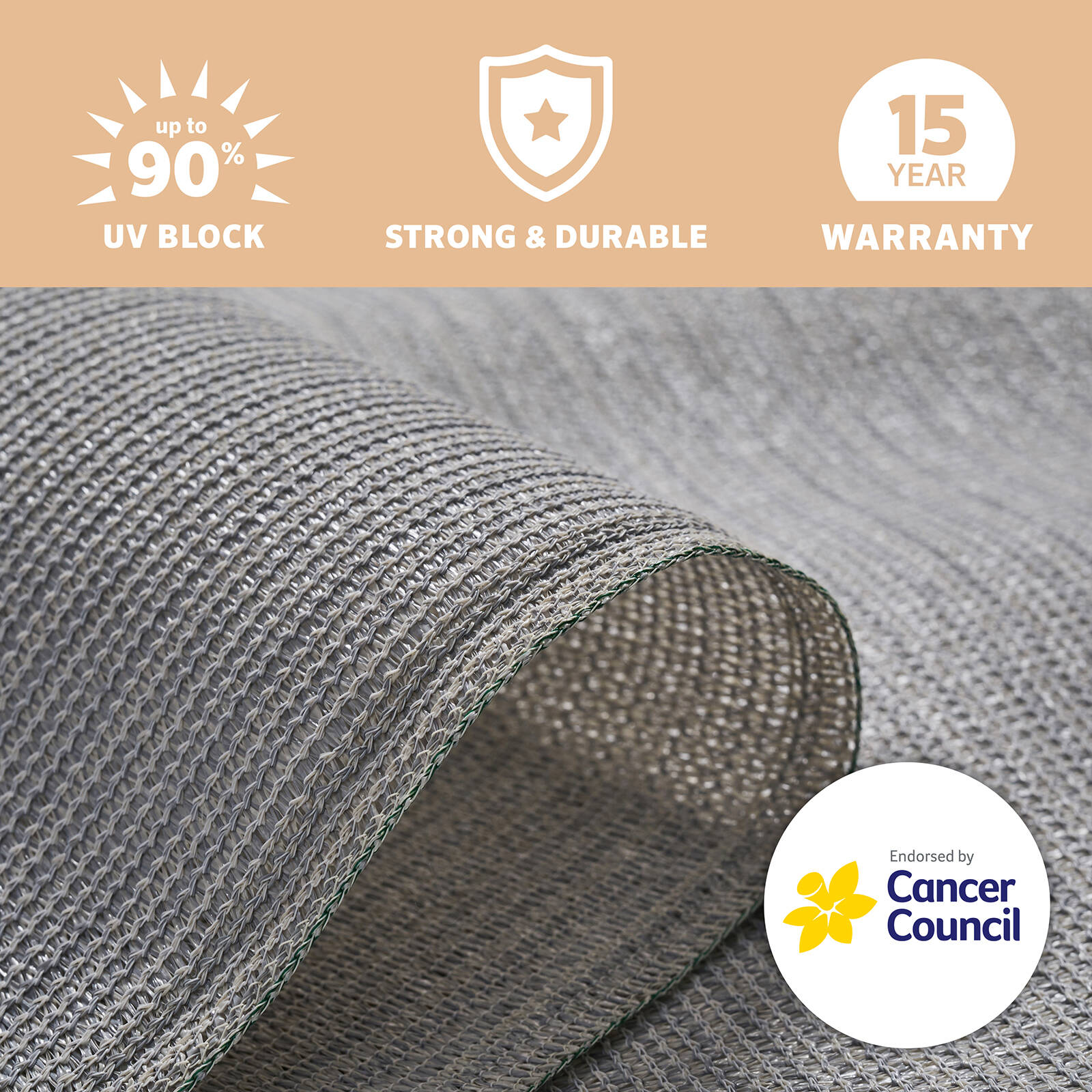 Coolaroo 3.66m Wide Stone Heavy-Duty Sun Protection Shade Cloth 90% UV block- P/Mtr 7 Coolaroo 3.66m Wide Stone Heavy-Duty Sun Protection Shade Cloth 90% UV block- P/Mtr