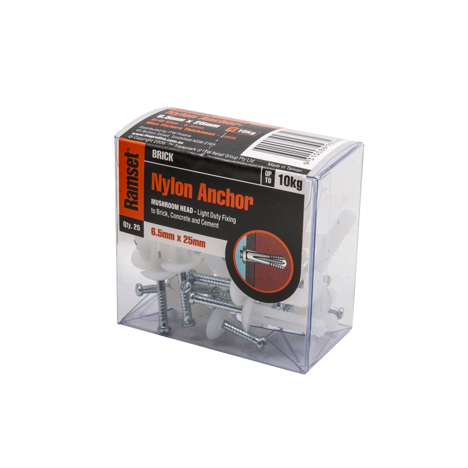 Ramset 6.5 x 25mm Mushroom Head Nylon Anchor - 25 Pack